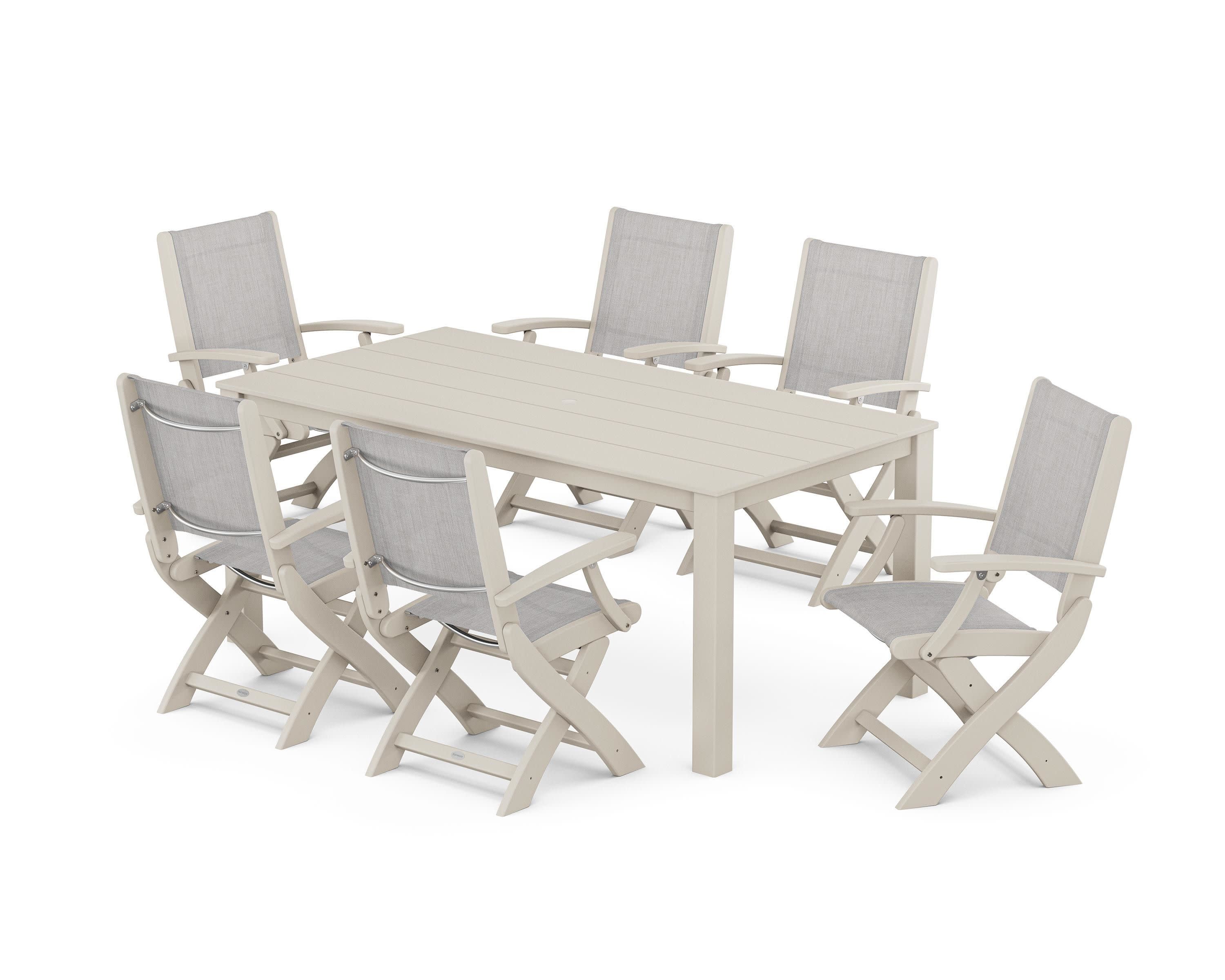 Coastal Folding Chair 7-Piece Parsons Dining Set in Sand / Parchment Sling
