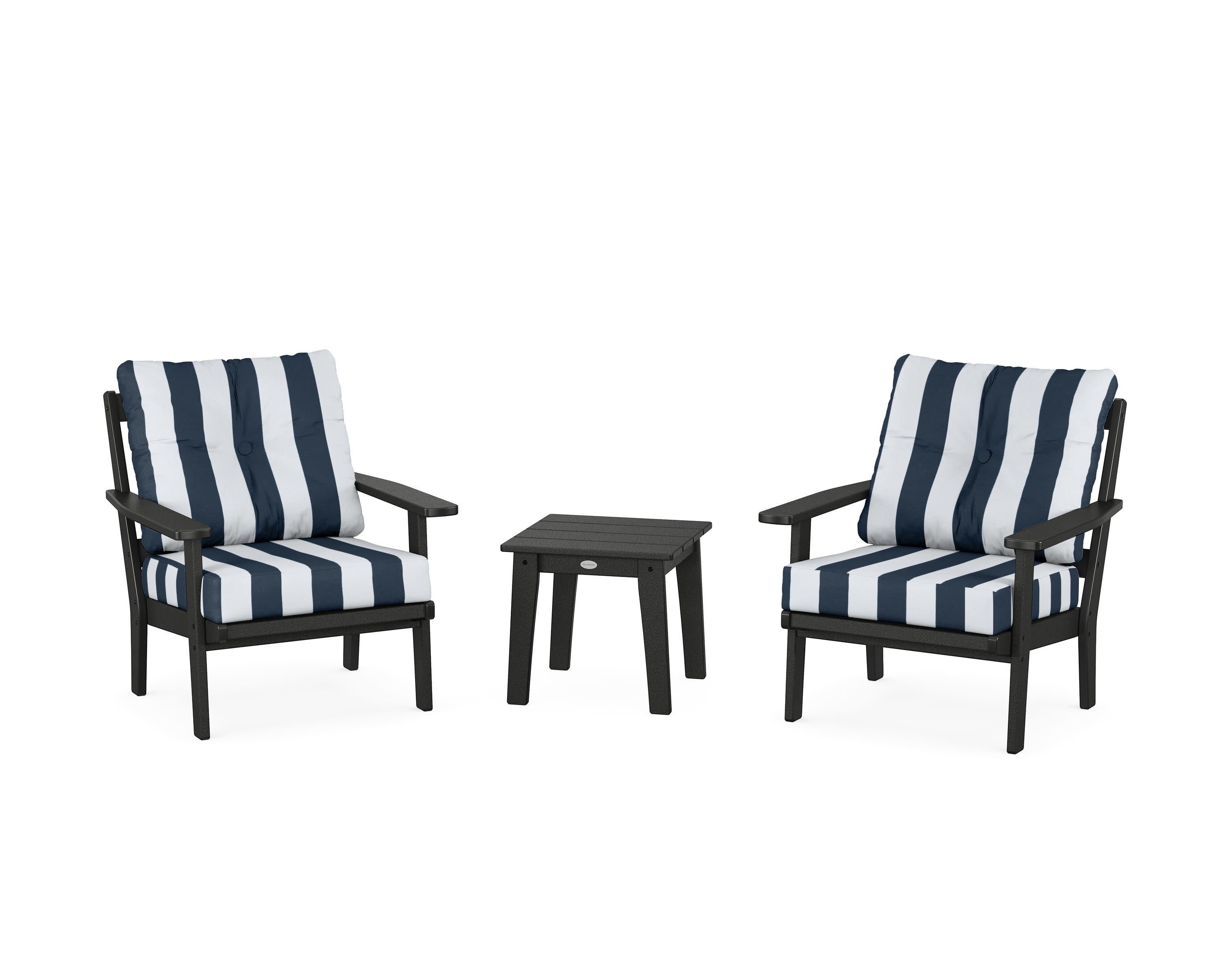 Oxford 3-Piece Deep Seating Set in Black / Cabana Stripe Marine Indigo