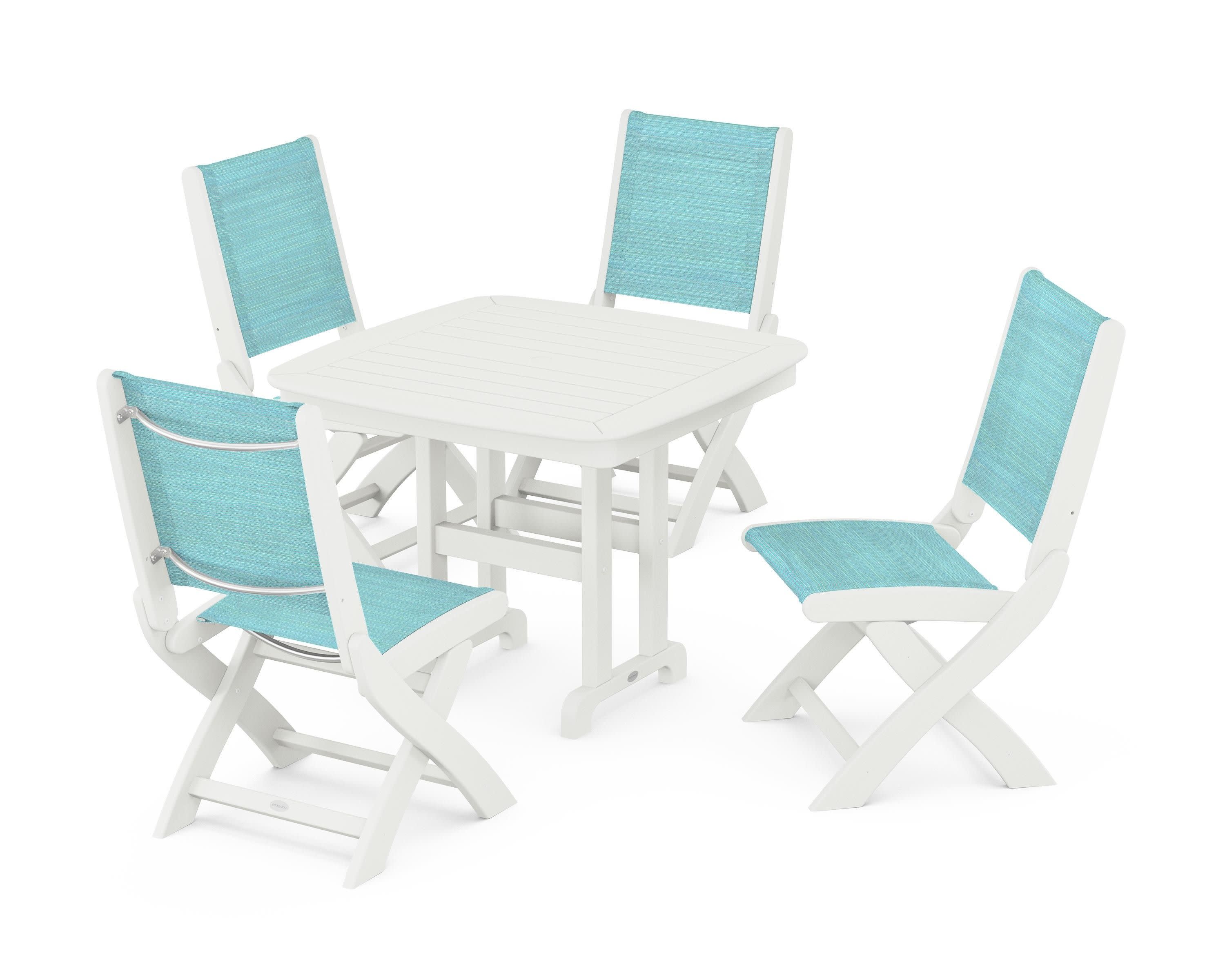 Coastal Folding Side Chair 5-Piece Dining Set in Vintage White / Dupioni Aquamarine Sling