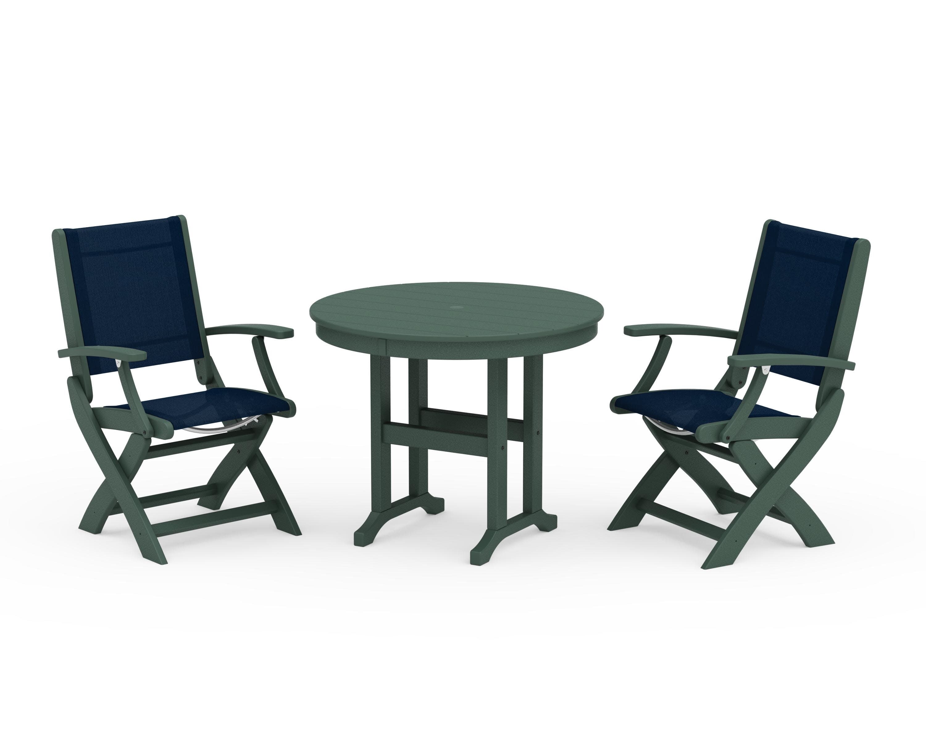 Coastal Folding Chair 3-Piece Round Dining Set in Green / Navy Blue Sling