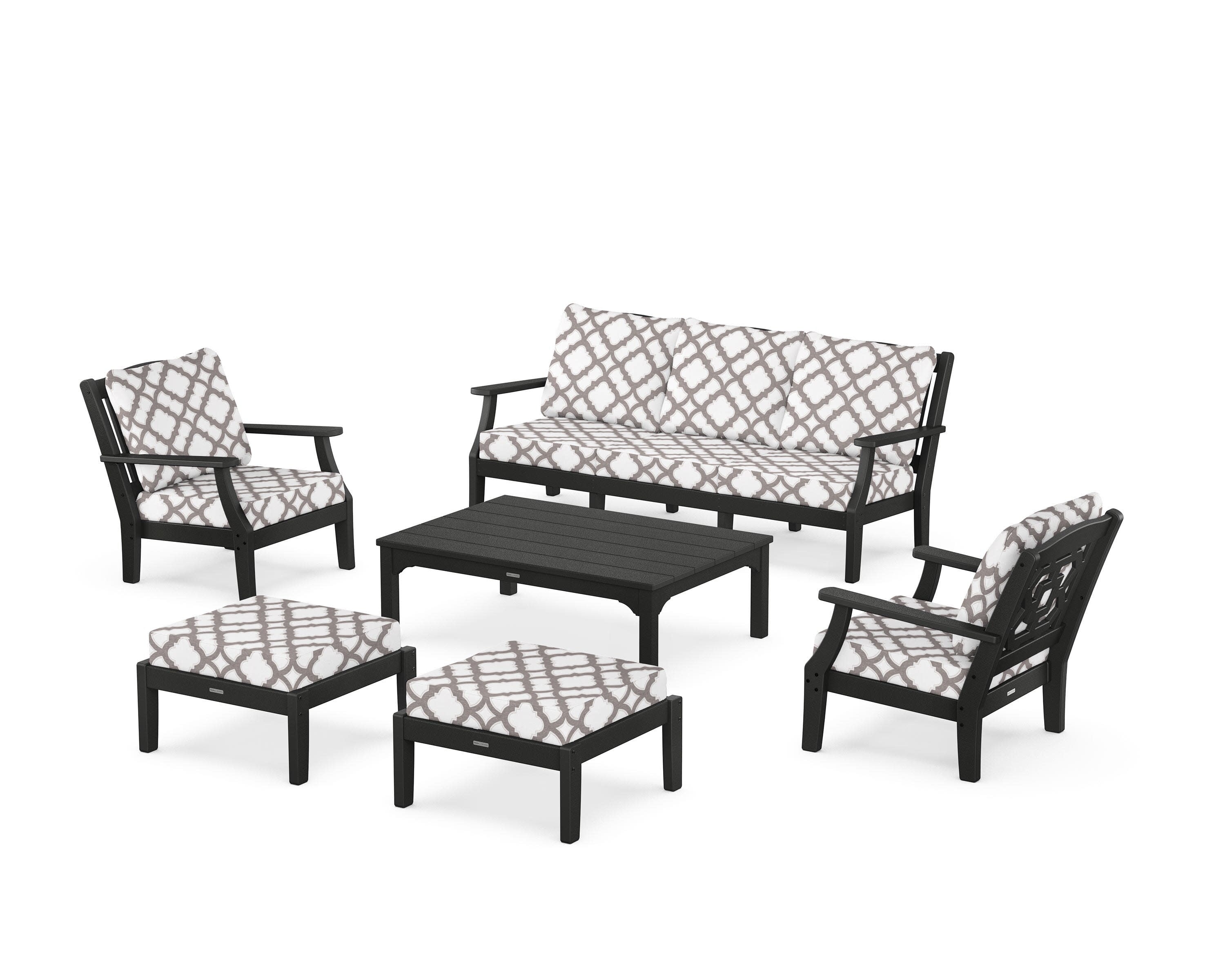 Chinoiserie 6-Piece Lounge Sofa Set in Black / Trellis Grey Mist