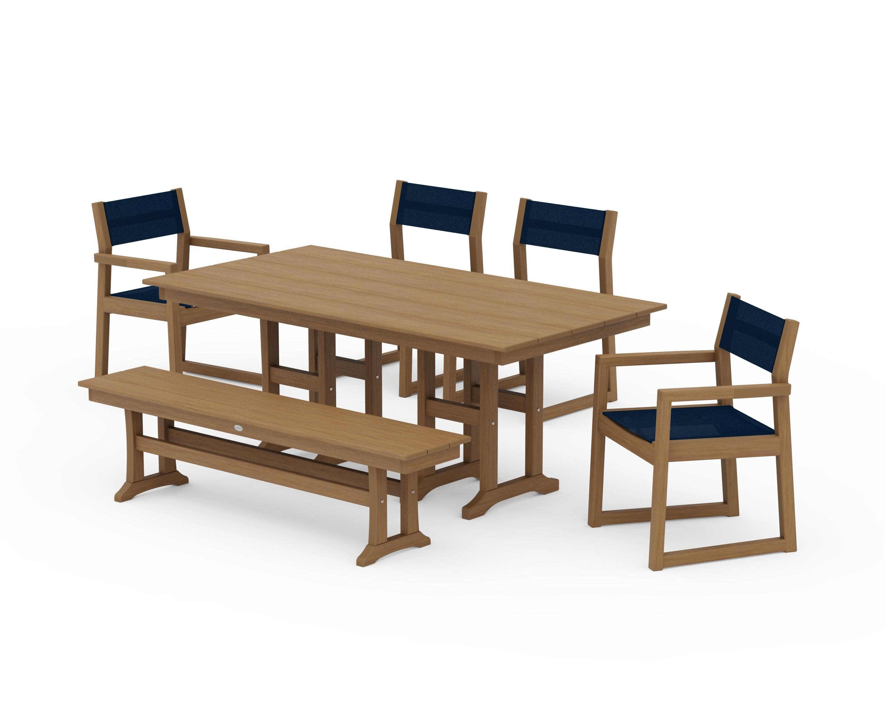 EDGE Sling 6-Piece Farmhouse Dining Set in Natural / Navy Blue Sling
