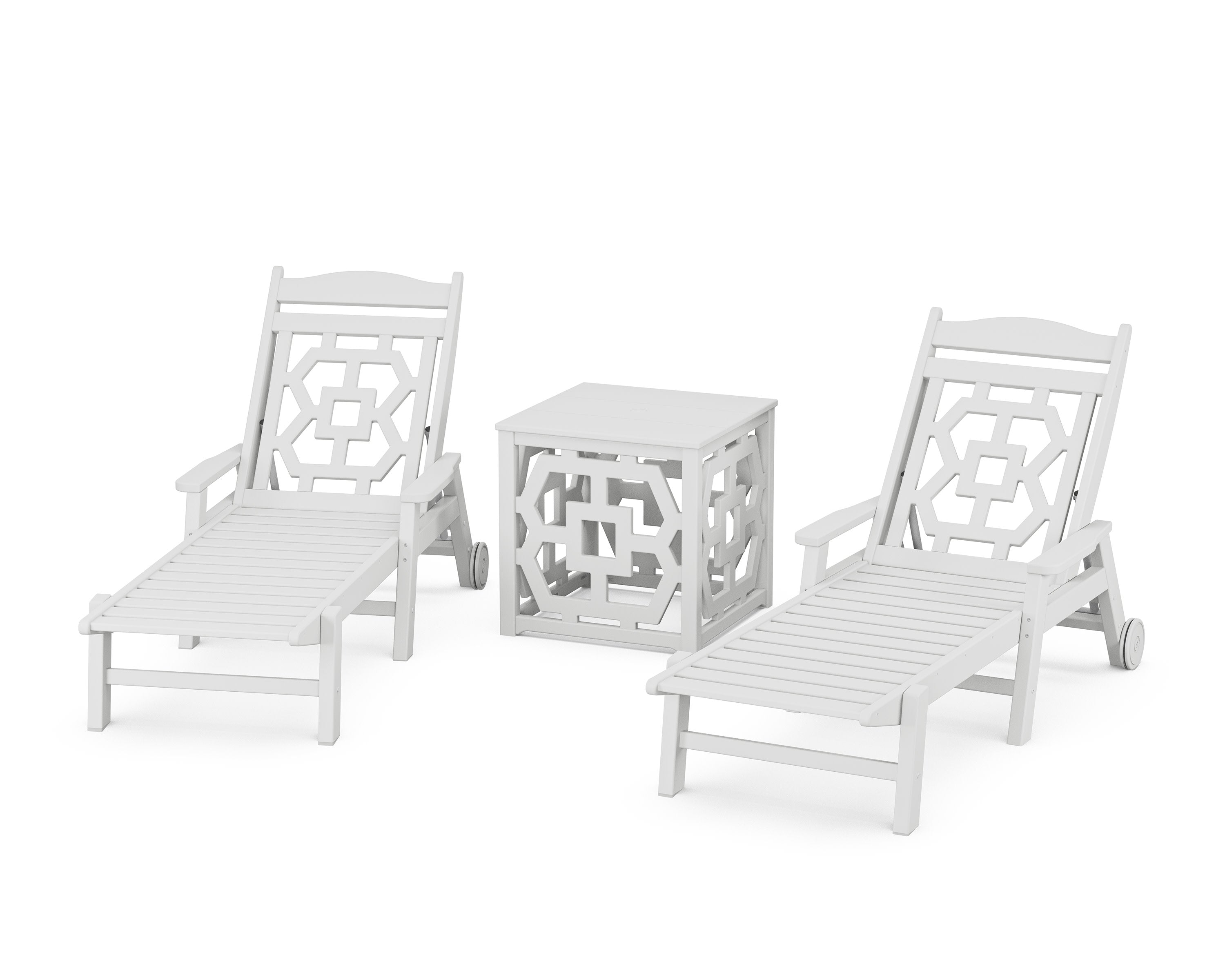 Chinoiserie 3-Piece Chaise Set with Umbrella Stand Accent Table in White