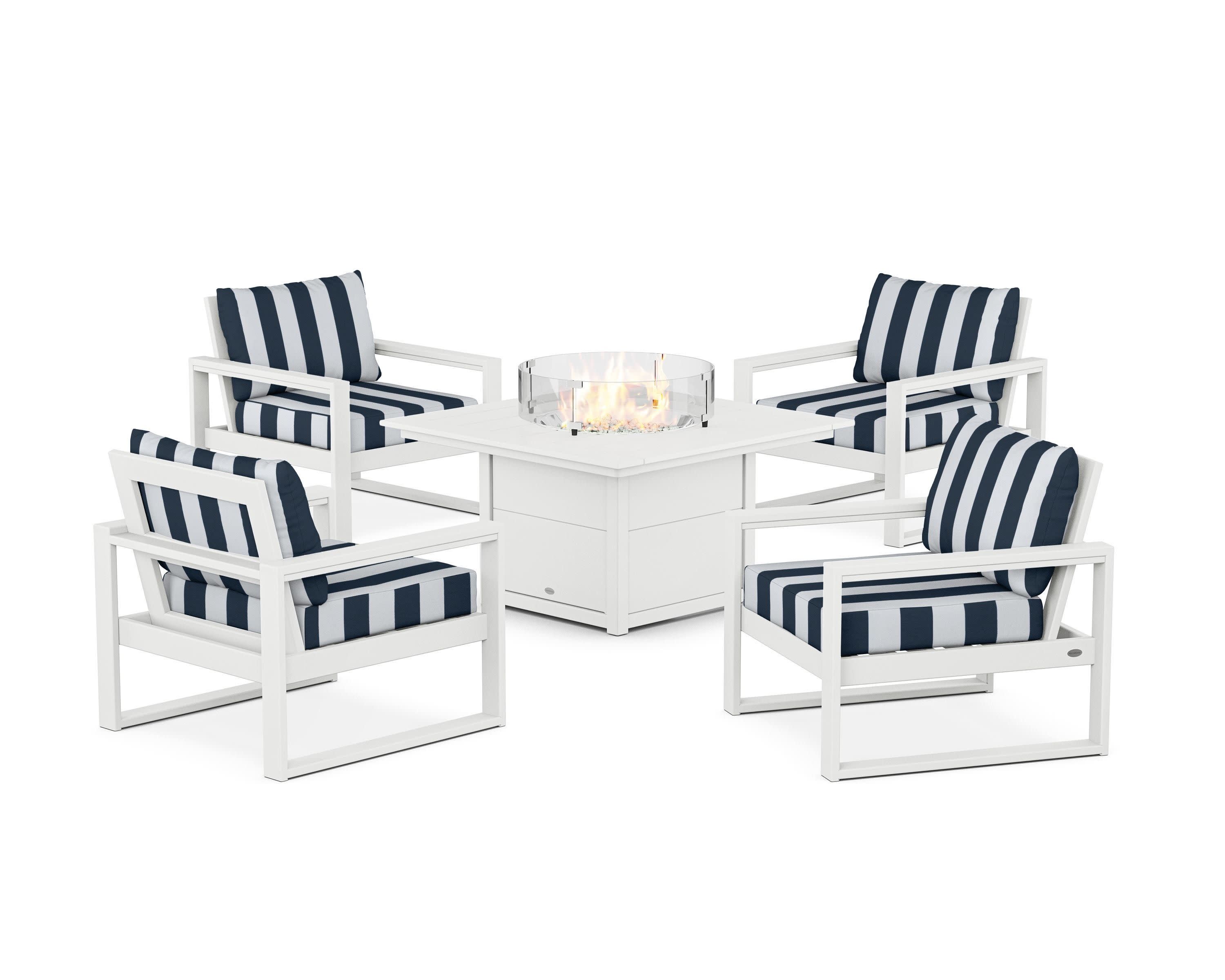 EDGE Sectional 5-Piece Deep Seating Set with Fire Pit Table in White / Cabana Stripe Marine Indigo