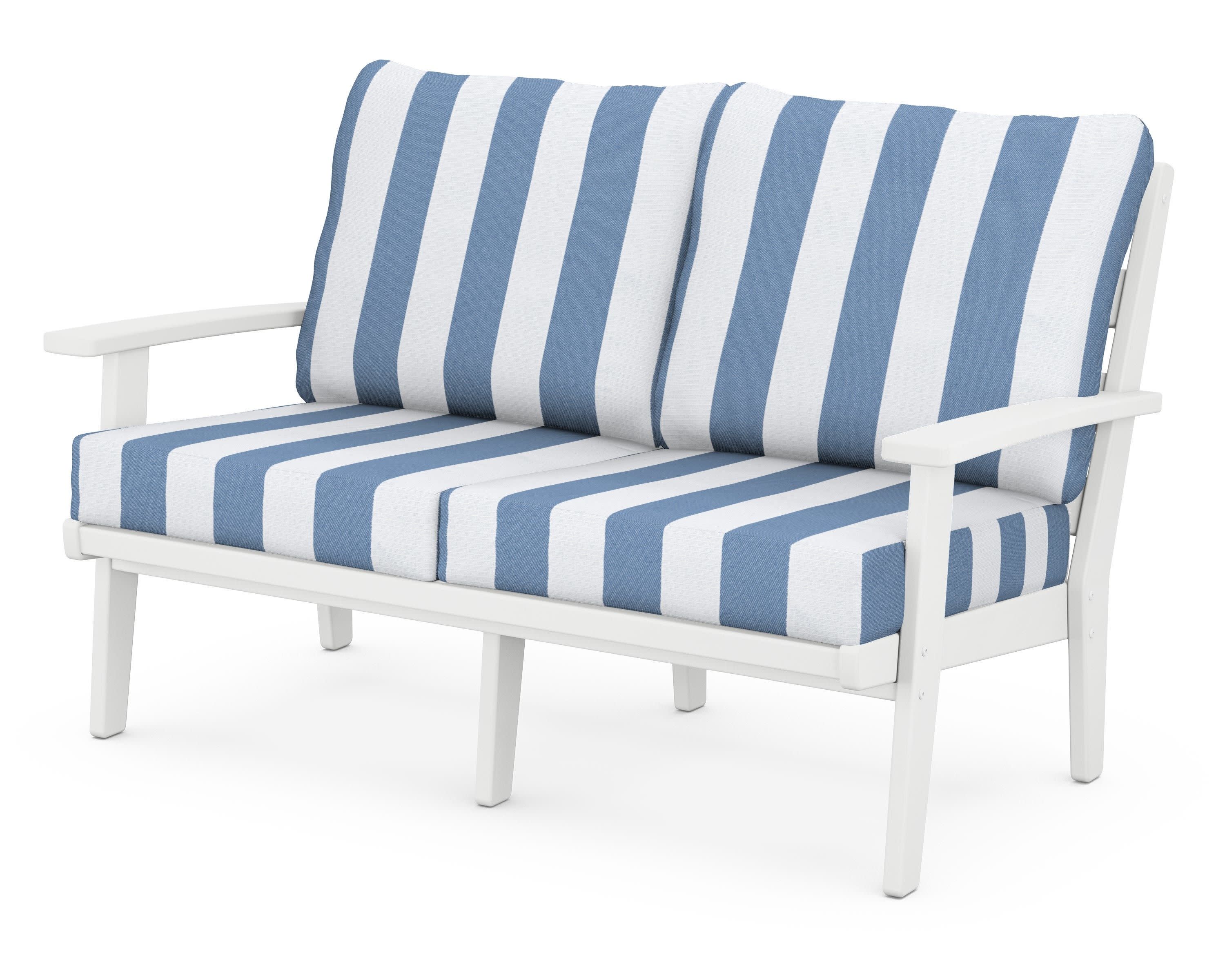 Grant Park Deep Seating Loveseat in White / Cabana Stripe Sky Blue