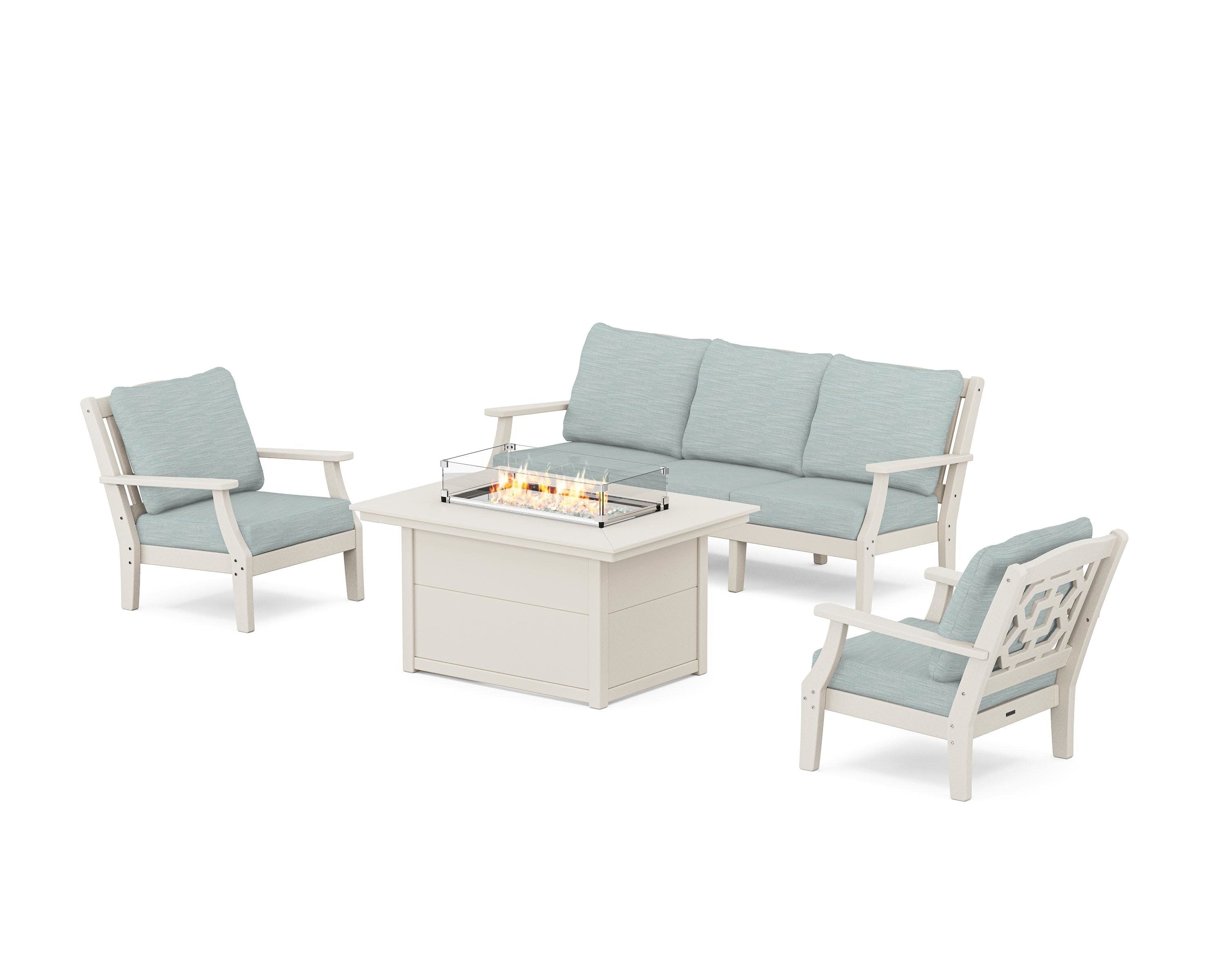 Chinoiserie Deep Seating Fire Pit Table Set in Sand / Soothe Mist