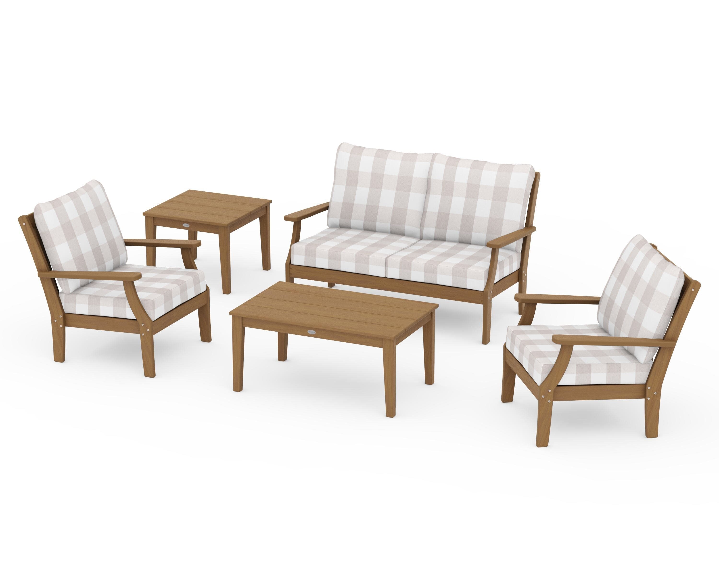 Braxton 5-Piece Deep Seating Set in Natural / Buffalo Plaid Dune Burlap