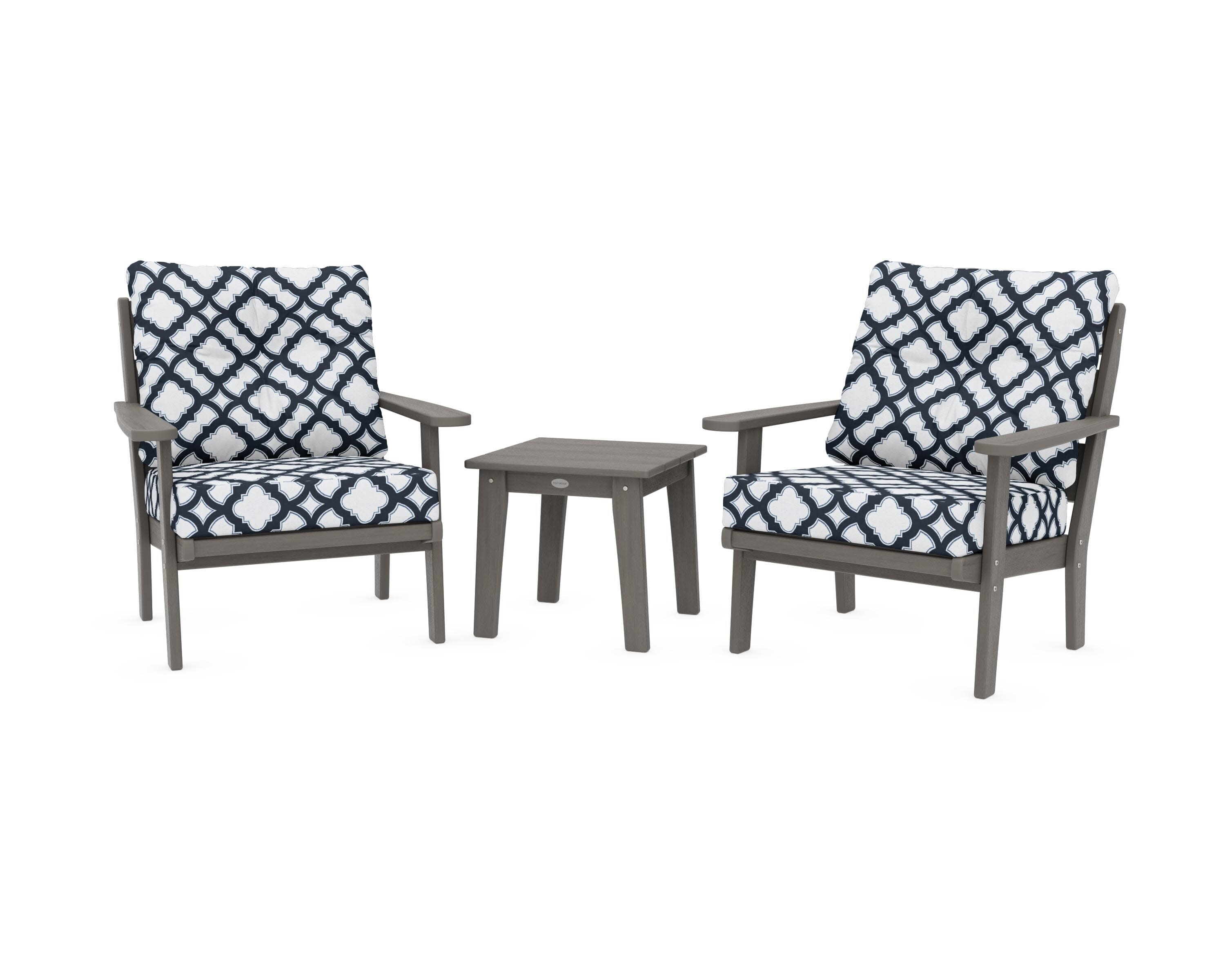 Lakeside 3-Piece Deep Seating Chair Set in Driftwood / Trellis Marine Indigo