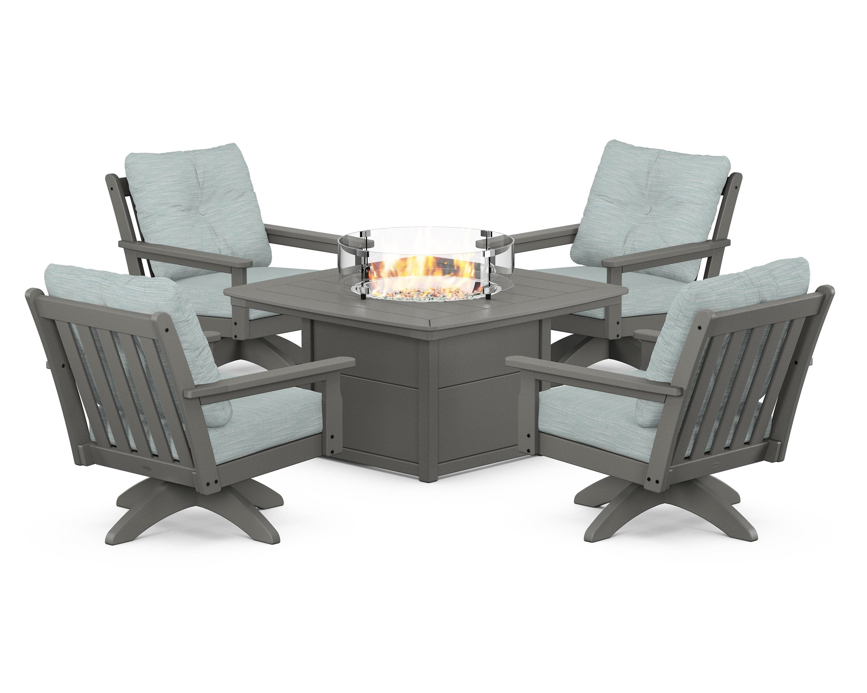 Vineyard 5-Piece Deep Seating Swivel Conversation Set with Fire Pit Table in Slate Grey / Soothe Mist