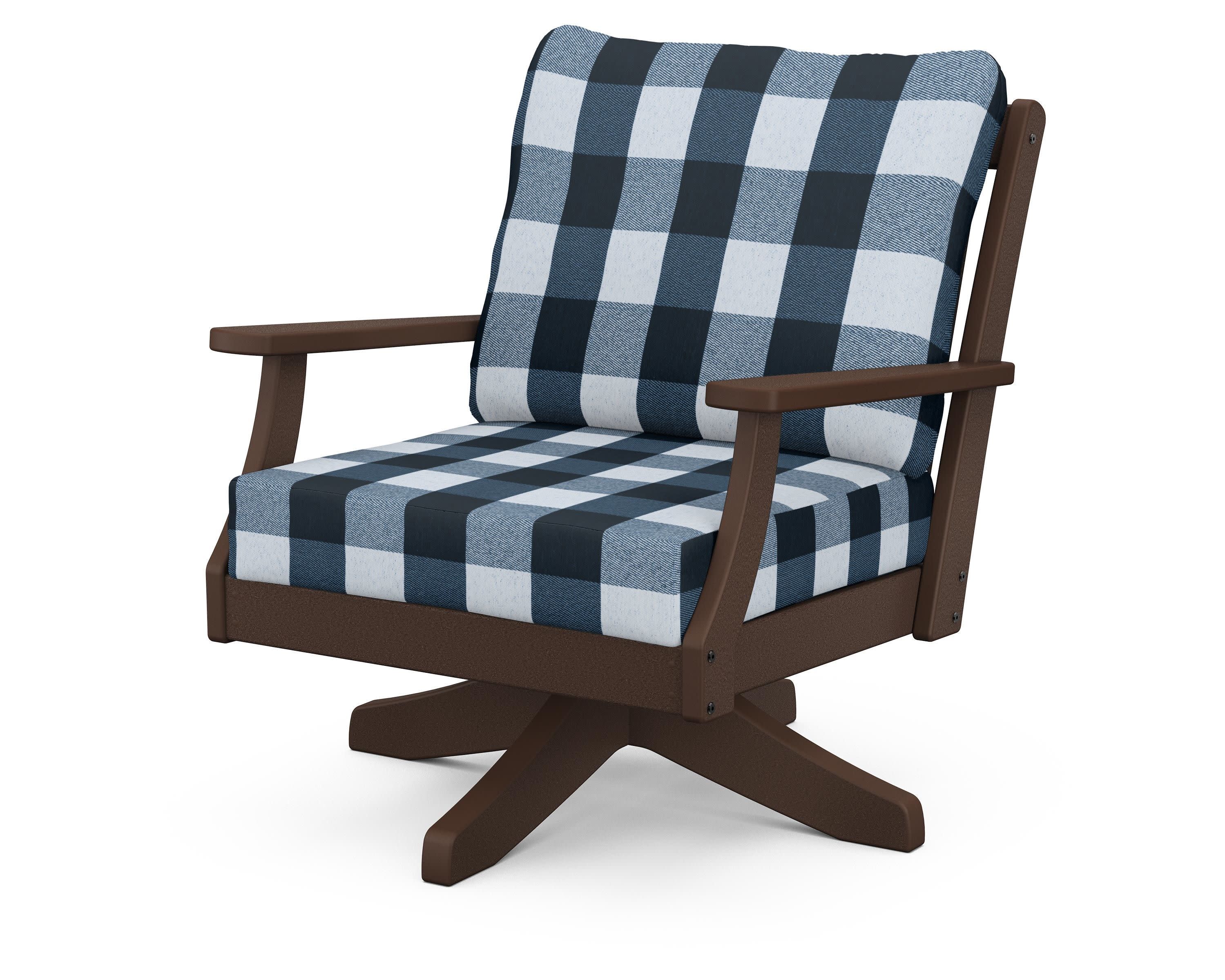 Braxton Deep Seating Swivel Chair in Mahogany / Buffalo Plaid Marine Indigo