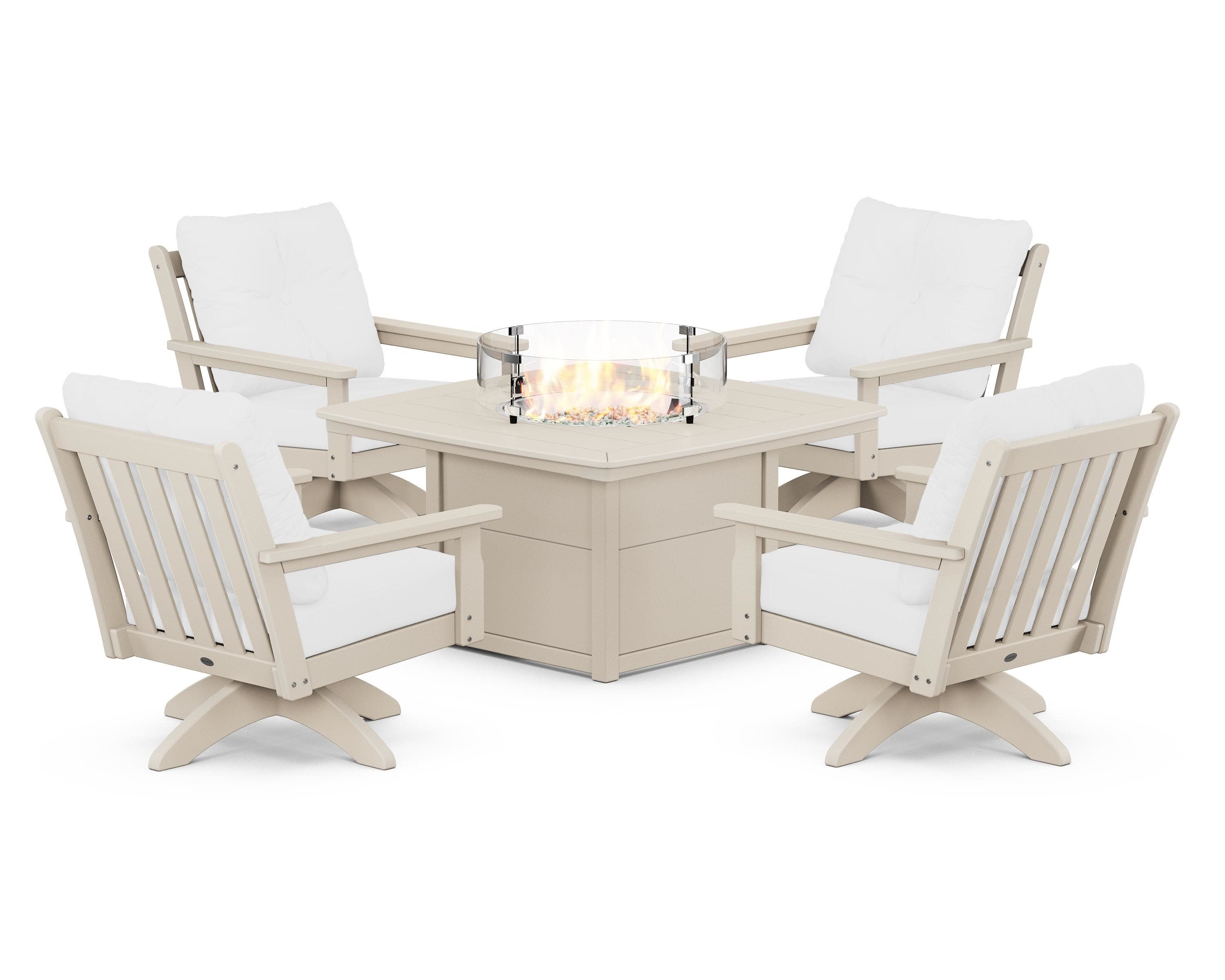 Vineyard 5-Piece Deep Seating Swivel Conversation Set with Fire Pit Table in Sand / Natural