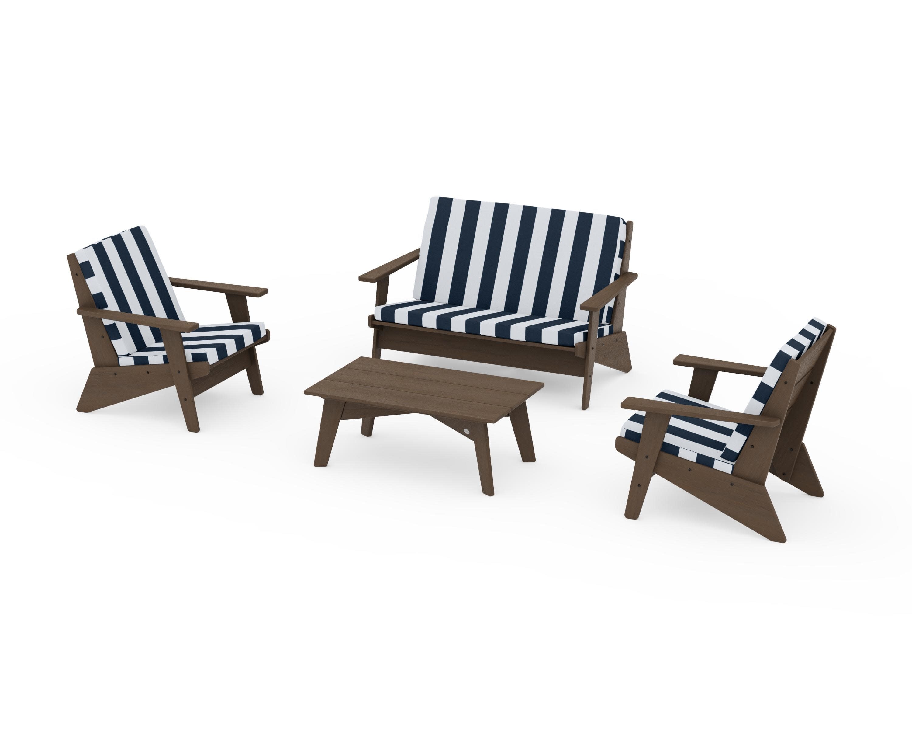 Riviera Modern Lounge 4-Piece Set in Kona / Cabana Stripe Marine Indigo