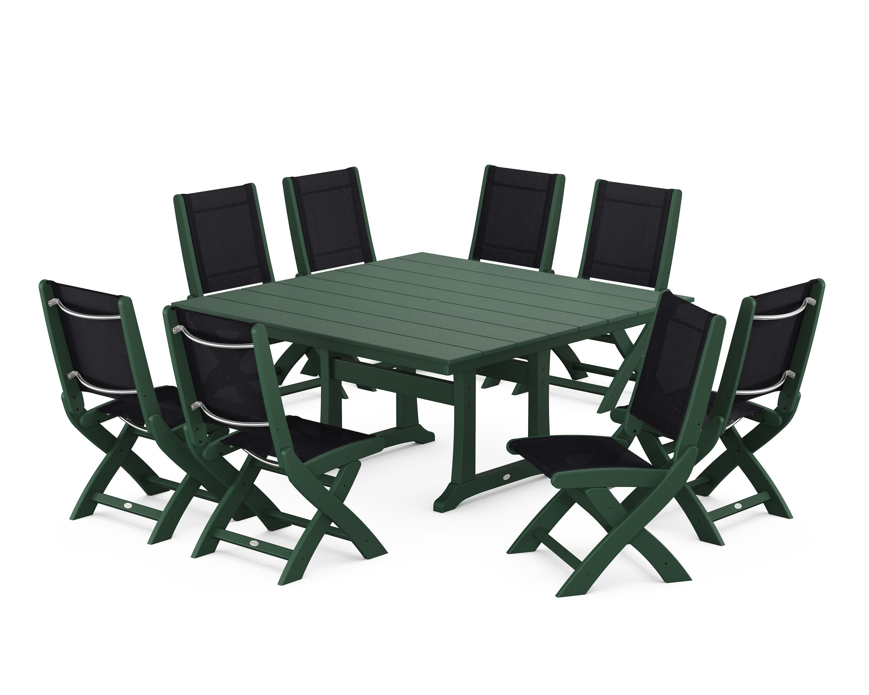Coastal Folding Side Chair 9-Piece Farmhouse Dining Set in Green / Black Sling