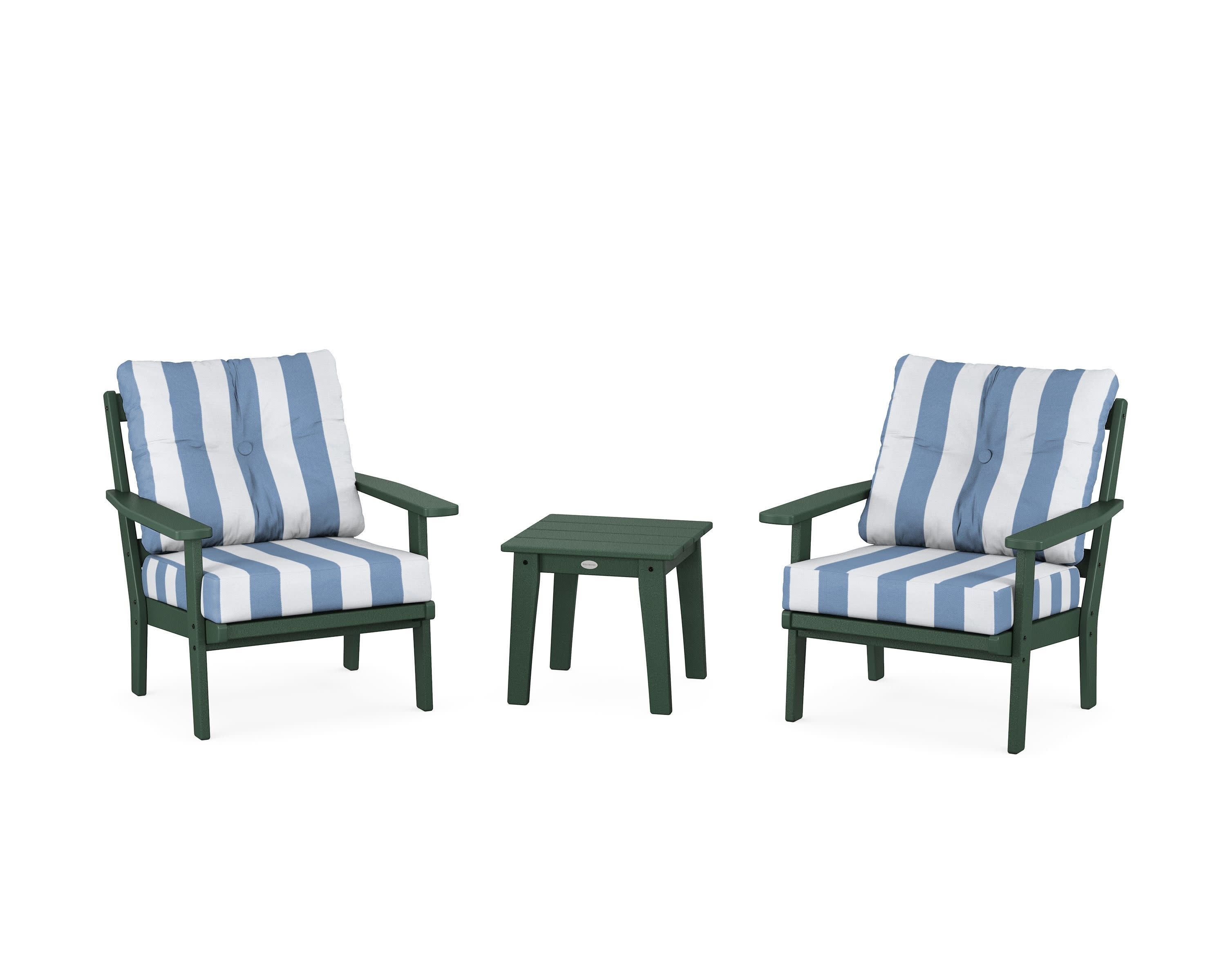 Prairie 3-Piece Deep Seating Set in Green / Cabana Stripe Sky Blue
