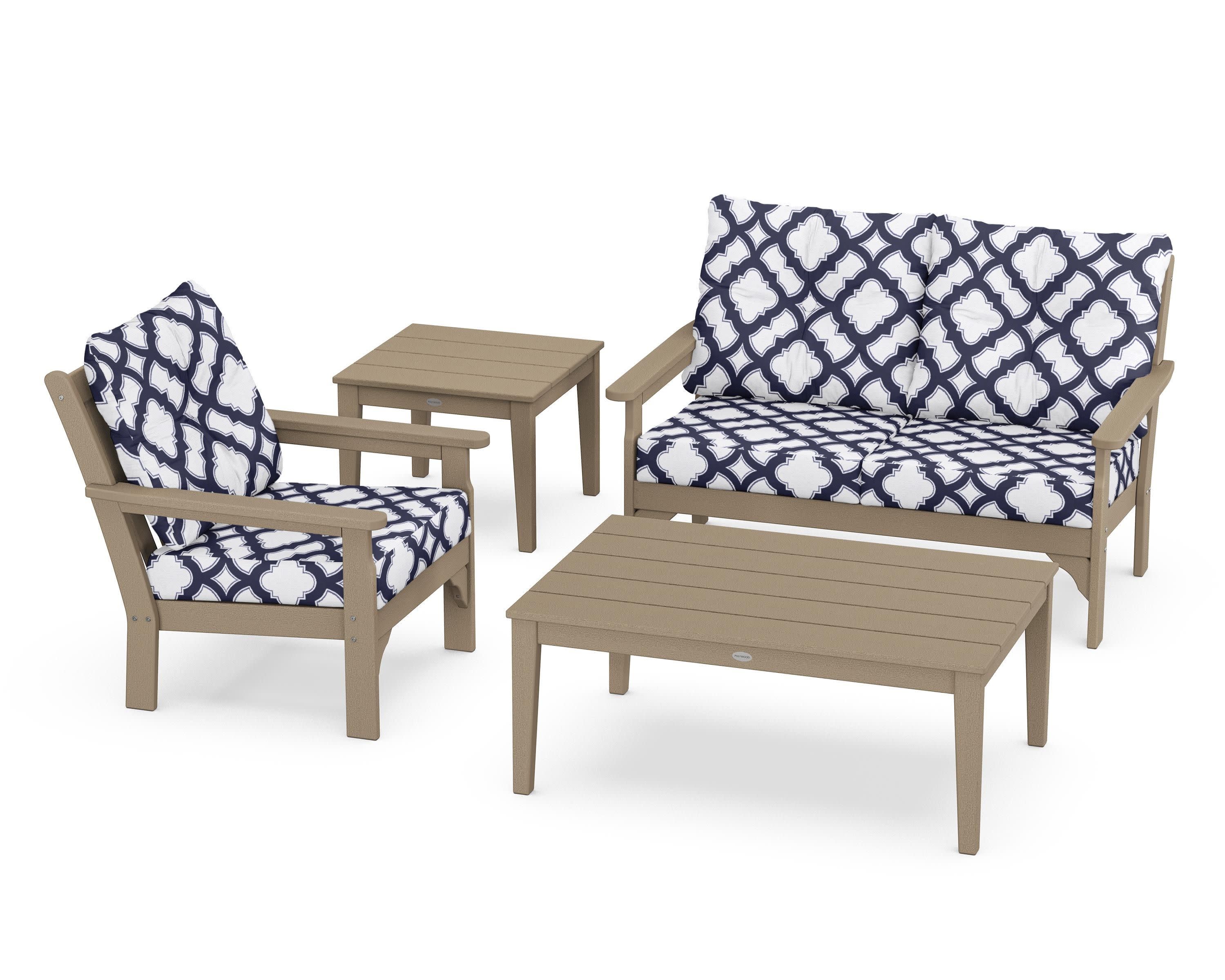 Vineyard 4-Piece Deep Seating Set in Vintage Sahara / Trellis Navy