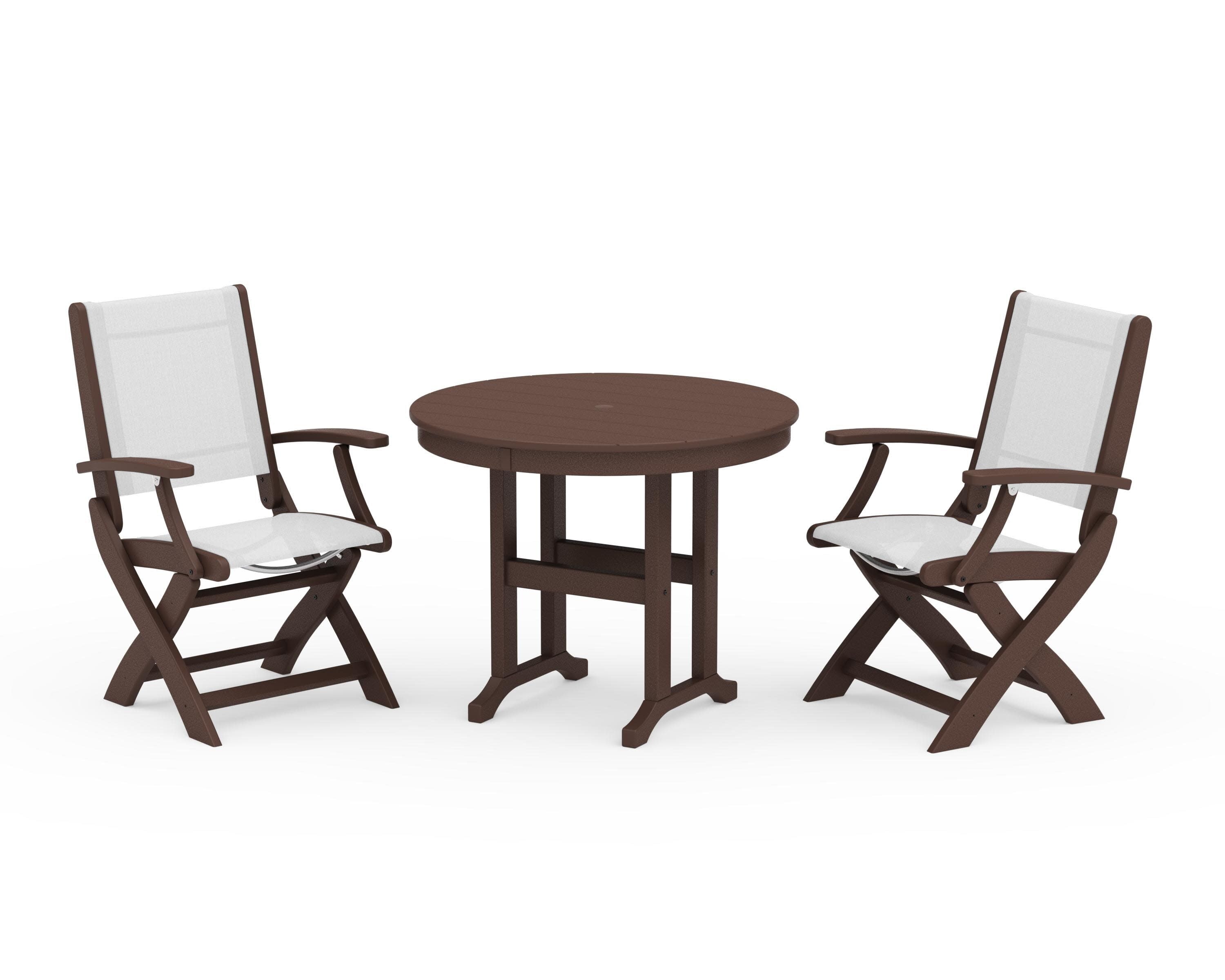 Coastal Folding Chair 3-Piece Round Dining Set in Mahogany / White Sling