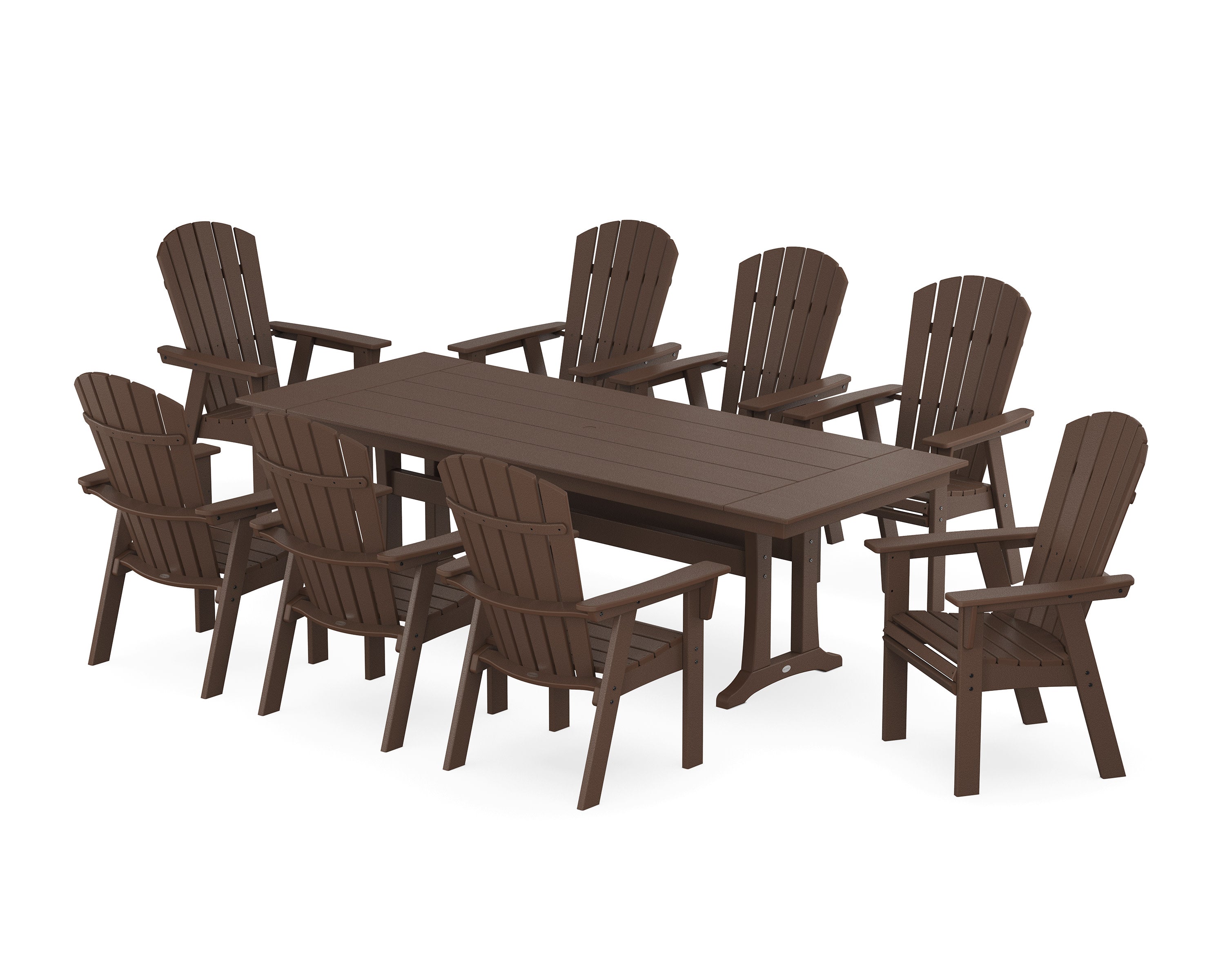 Nautical 9-Piece Curveback Adirondack Farmhouse Dining Set with Trestle Legs in Mahogany