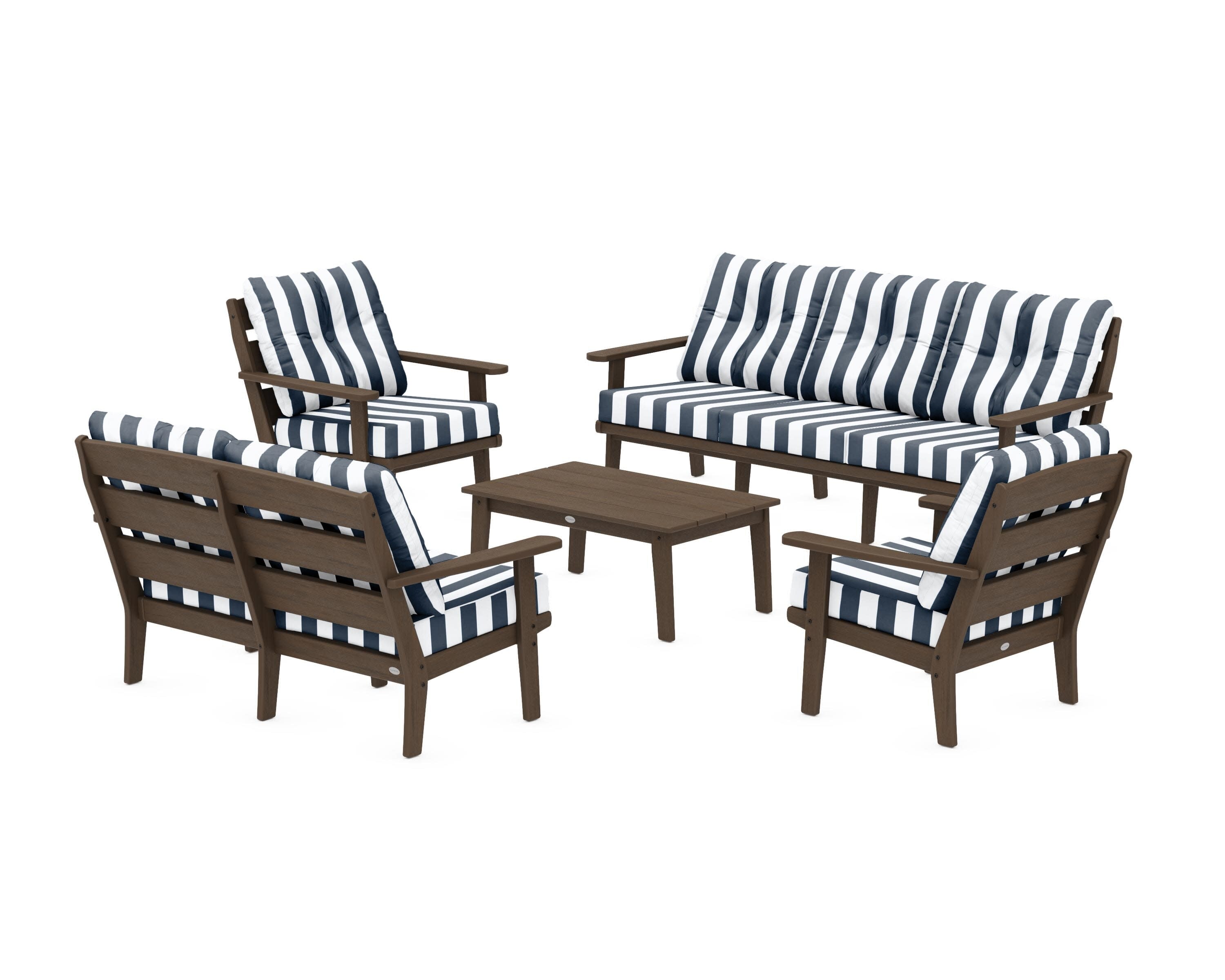 Lakeside 5-Piece Lounge Sofa Set in Kona / Cabana Stripe Marine Indigo