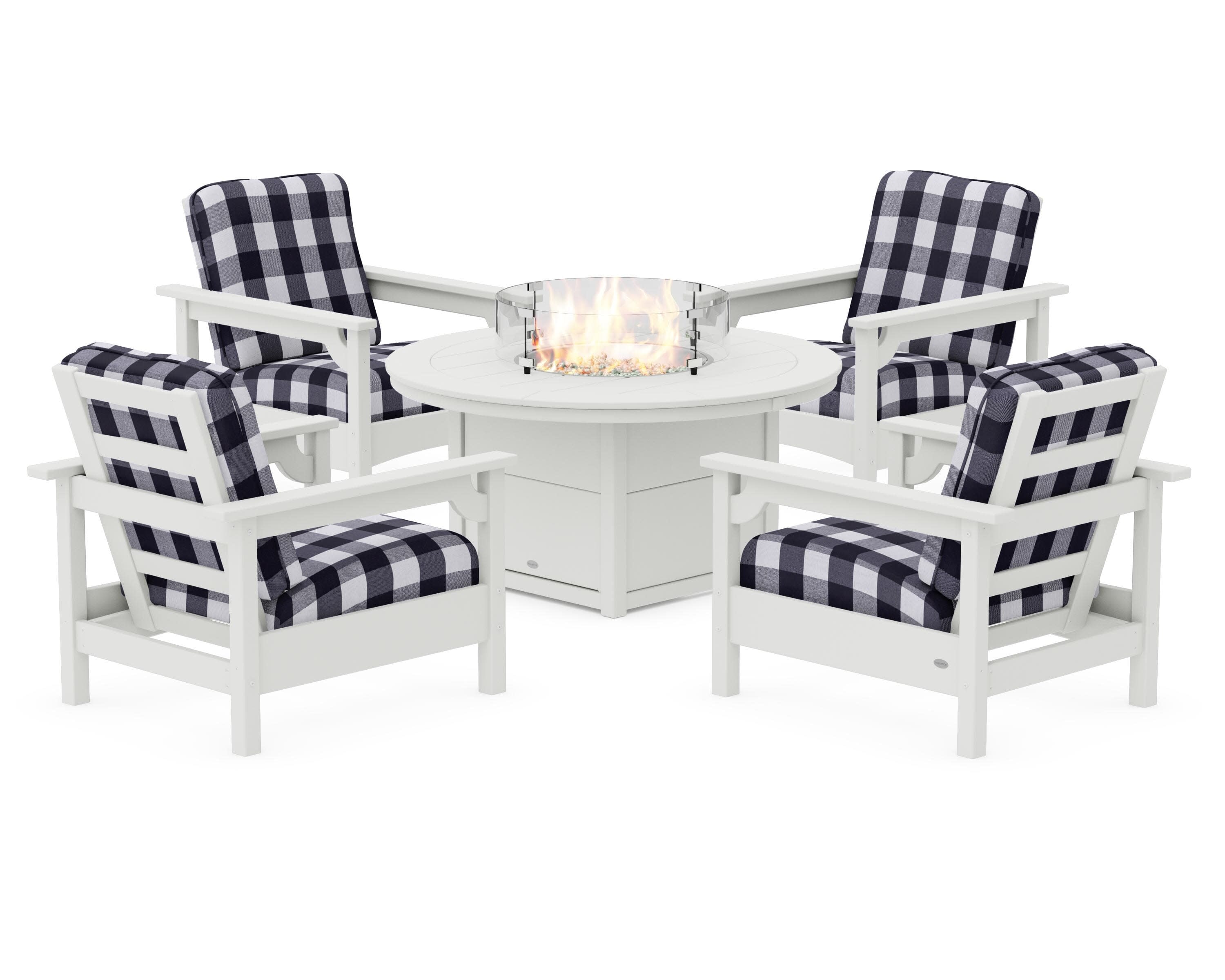 Club 5-Piece Conversation Set with Fire Pit Table in Vintage White / Buffalo Plaid Navy