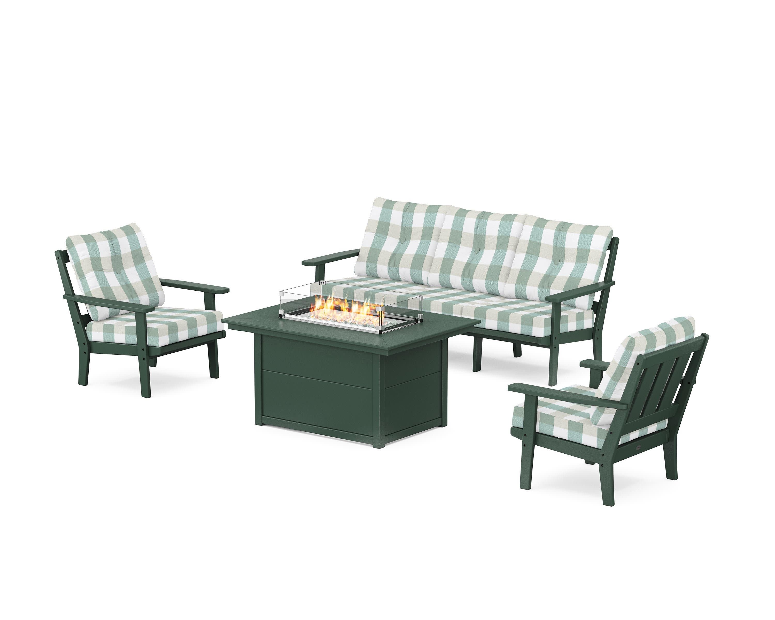 Oxford Deep Seating Fire Pit Table Set in Green / Buffalo Plaid Glacier Spa
