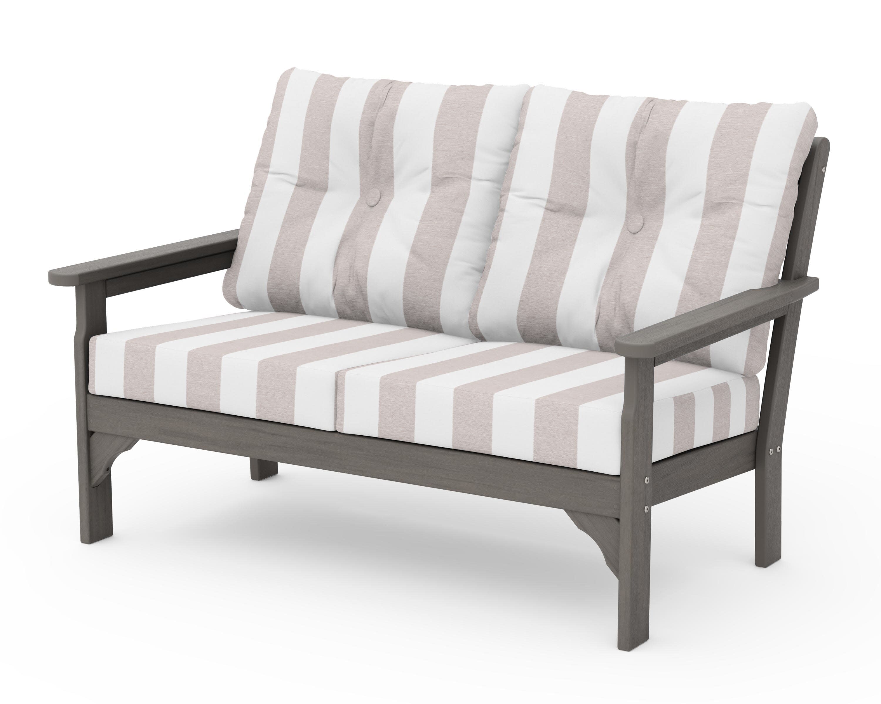 Vineyard Deep Seating Loveseat in Driftwood / Cabana Stripe Dune Burlap