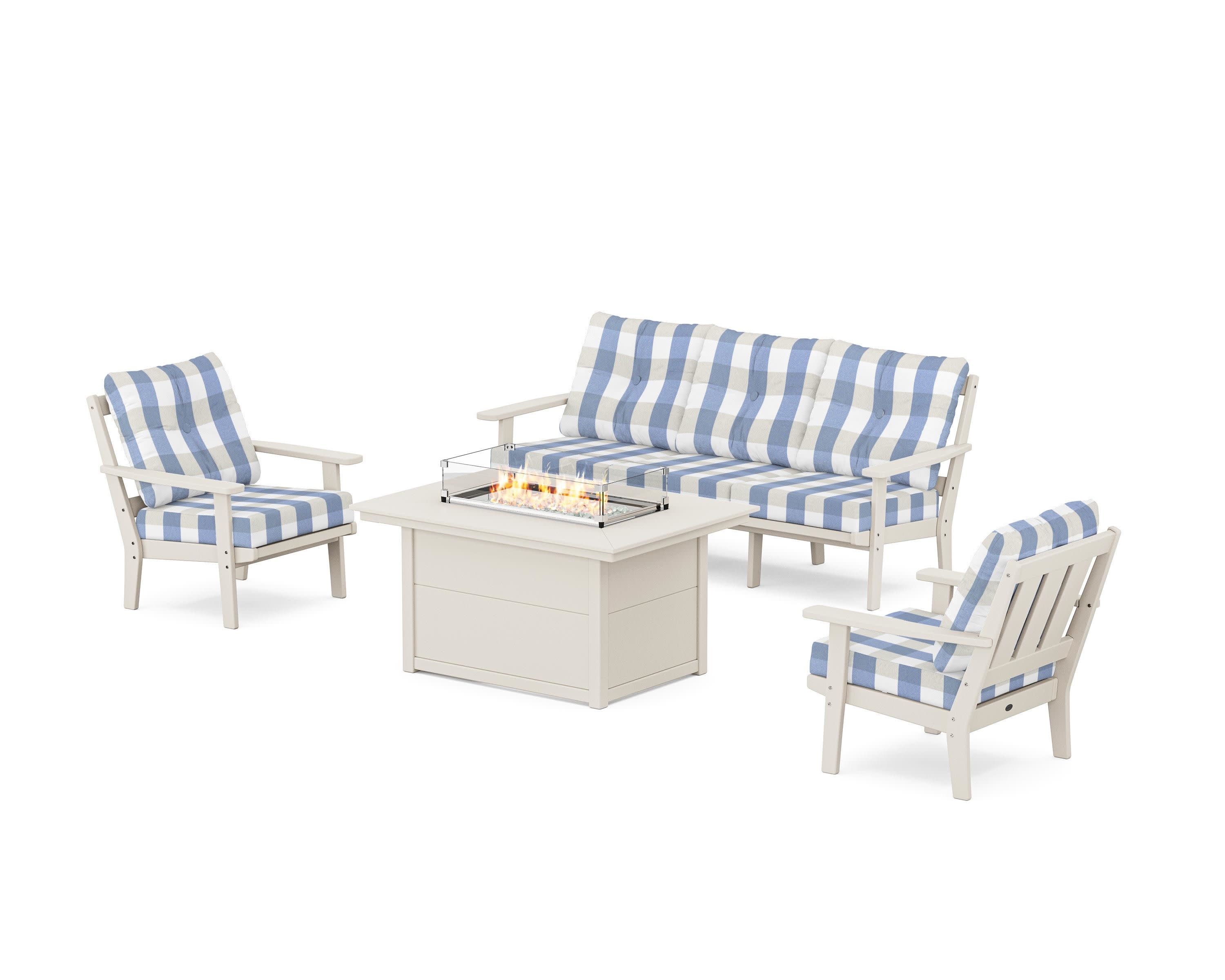 Oxford Deep Seating Fire Pit Table Set in Sand / Buffalo Plaid Sky Blue