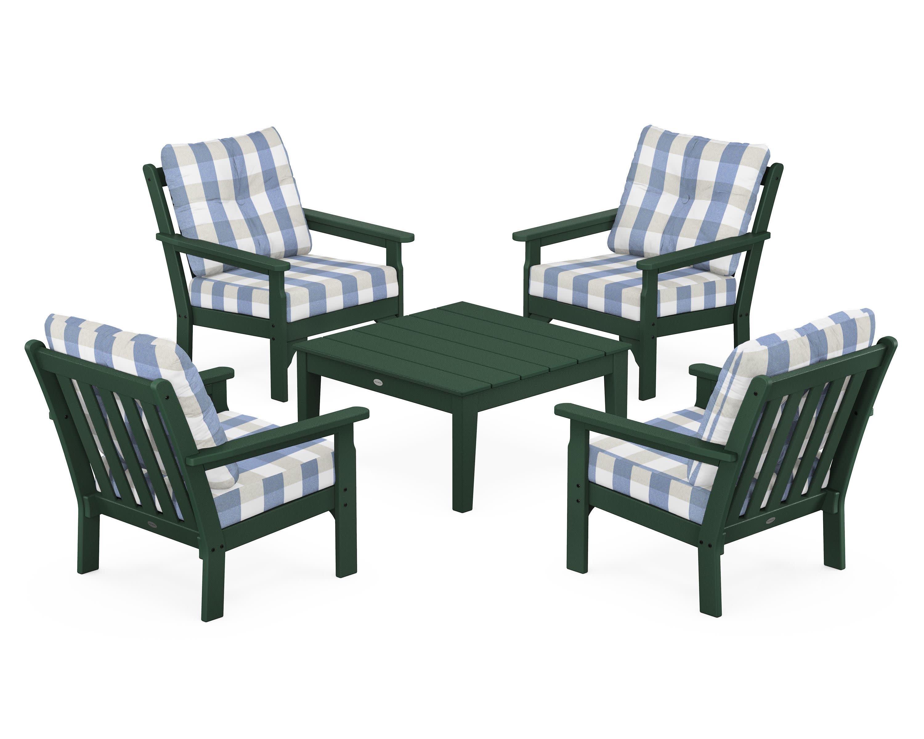 Vineyard 5-Piece Deep Seating Conversation Set in Green / Buffalo Plaid Sky Blue