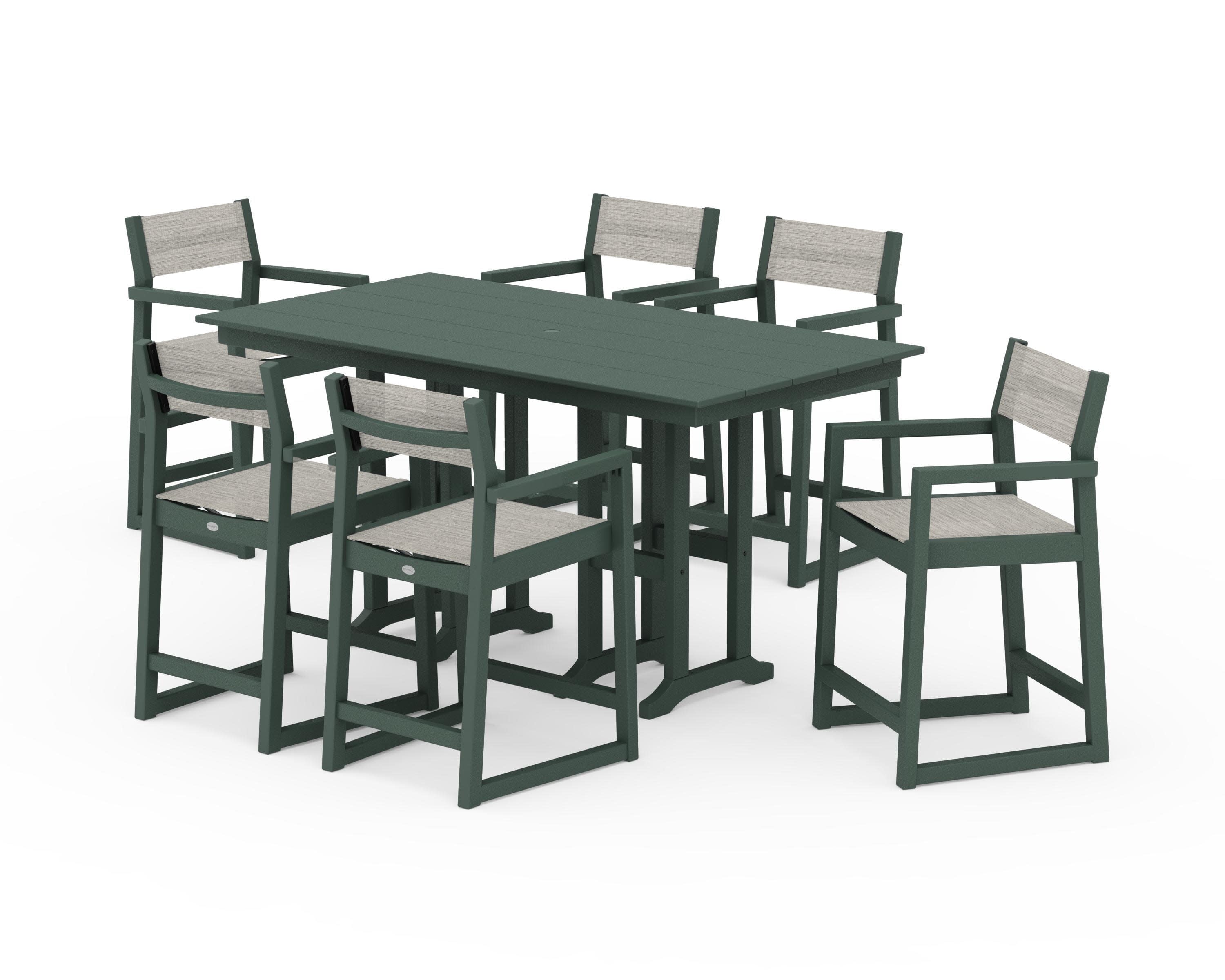 EDGE Sling Arm Chair 7-Piece Farmhouse Counter Set in Green / Birch Sling
