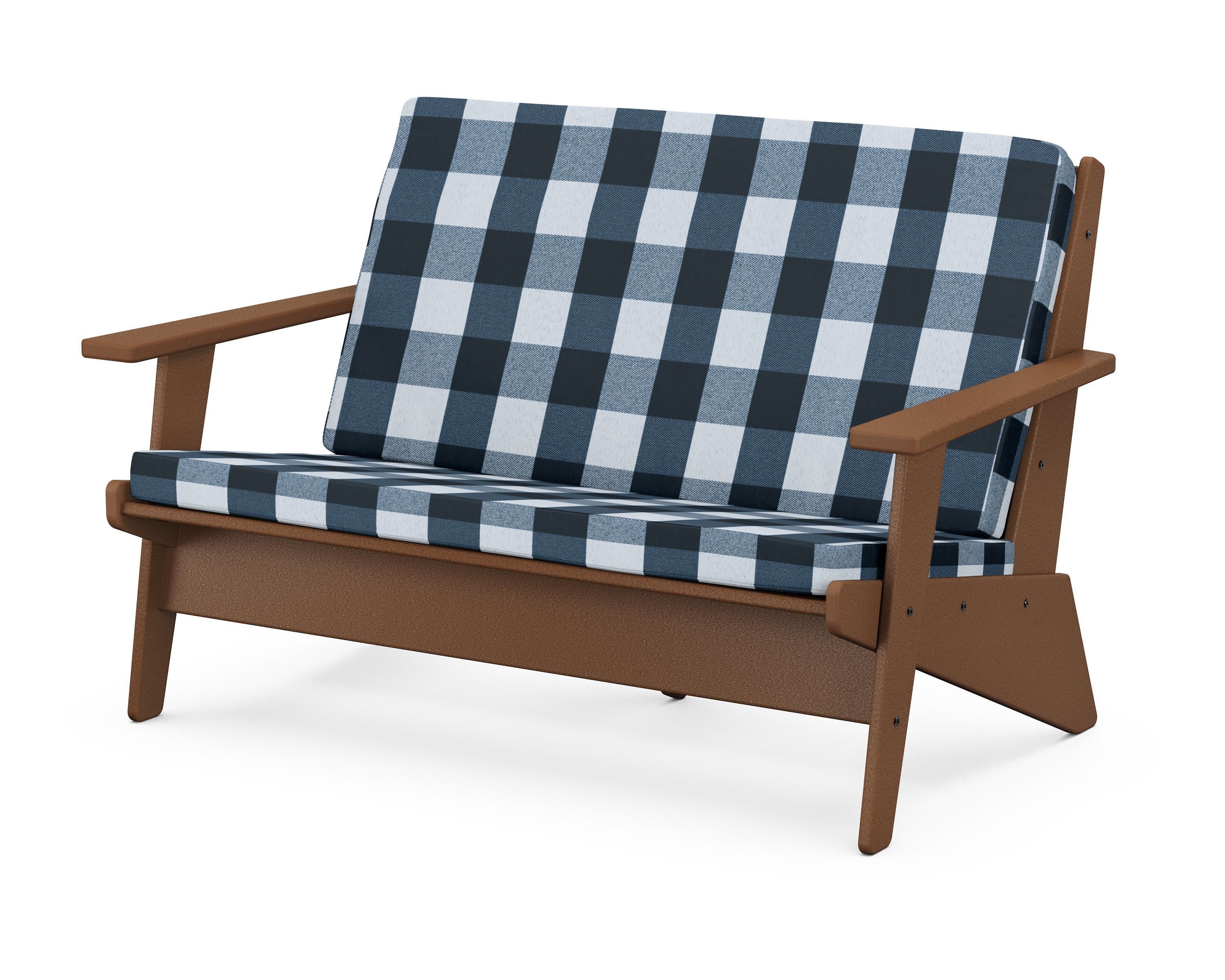 Riviera Modern Lounge Loveseat in Teak / Buffalo Plaid Marine Indigo