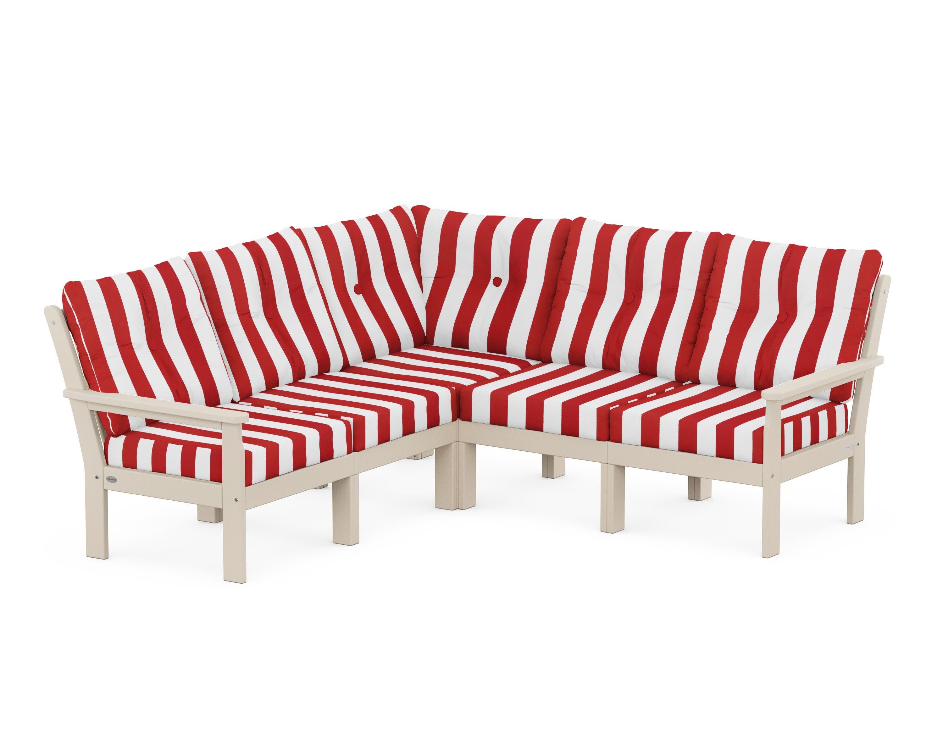 Vineyard 5-Piece Sectional in Sand / Cabana Stripe Crimson