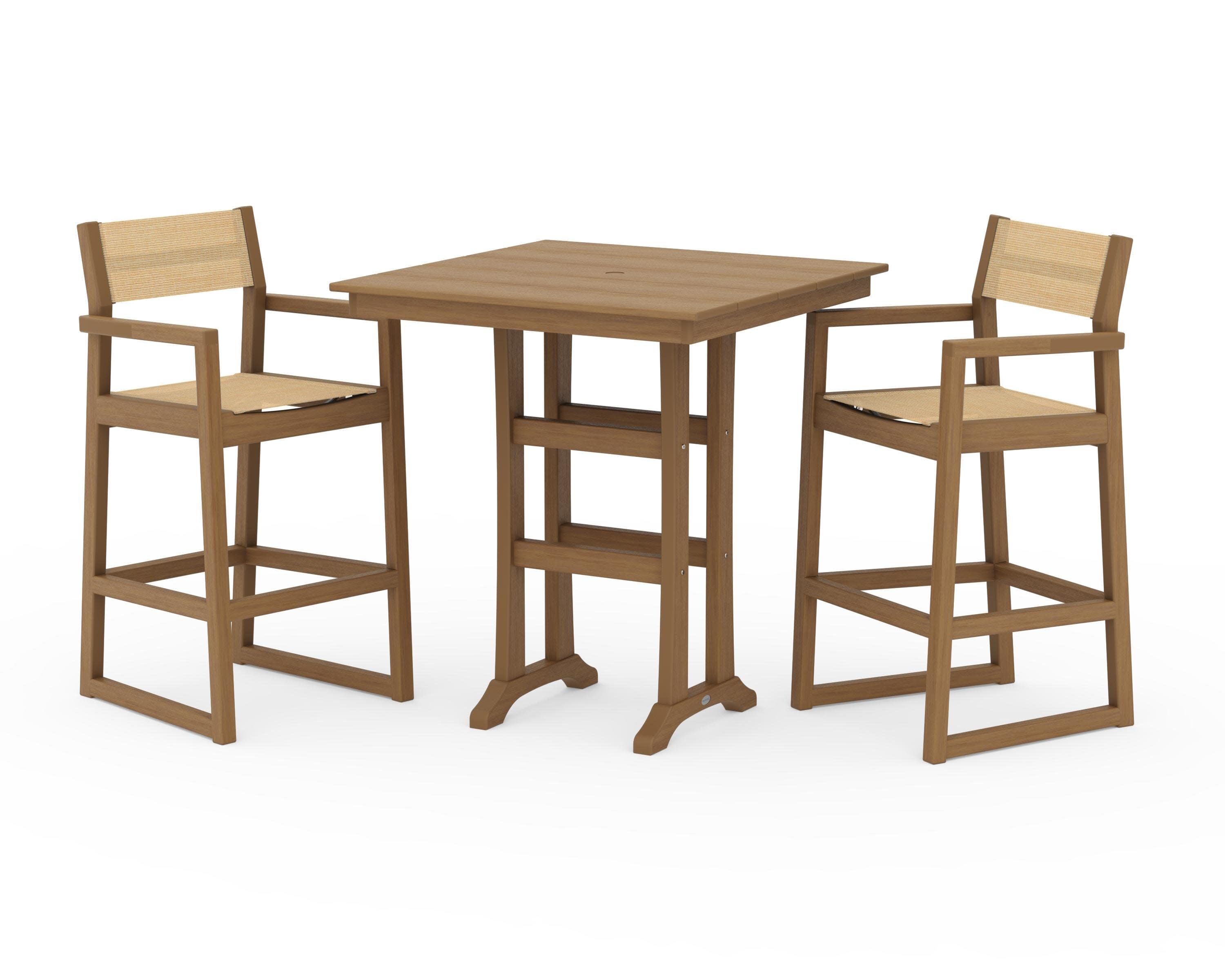 EDGE Sling Arm Chair 3-Piece Farmhouse Bar Set with Trestle Legs in Natural / Dupioni Apricot Sling