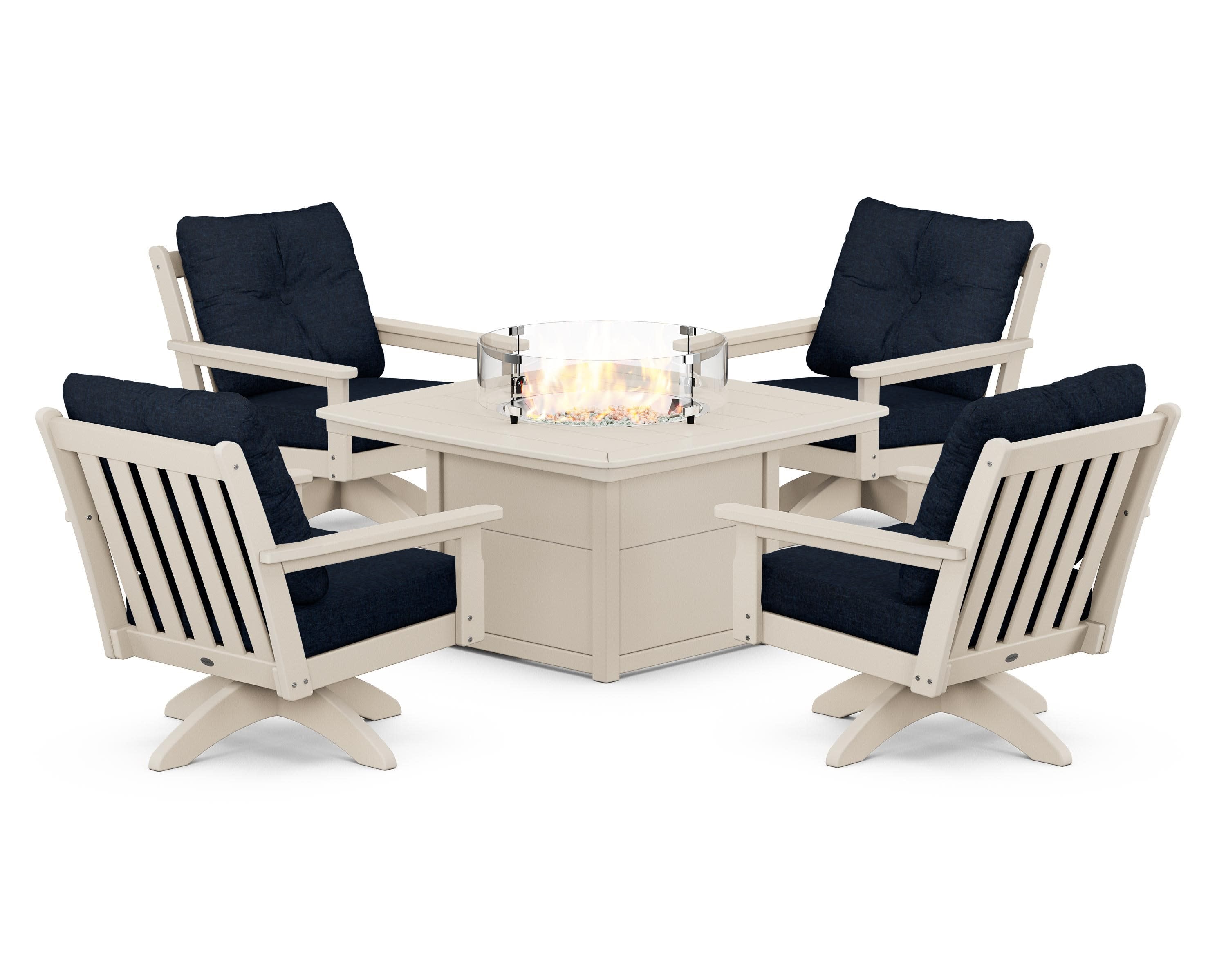 Vineyard 5-Piece Deep Seating Swivel Conversation Set with Fire Pit Table in Sand / Marine Indigo