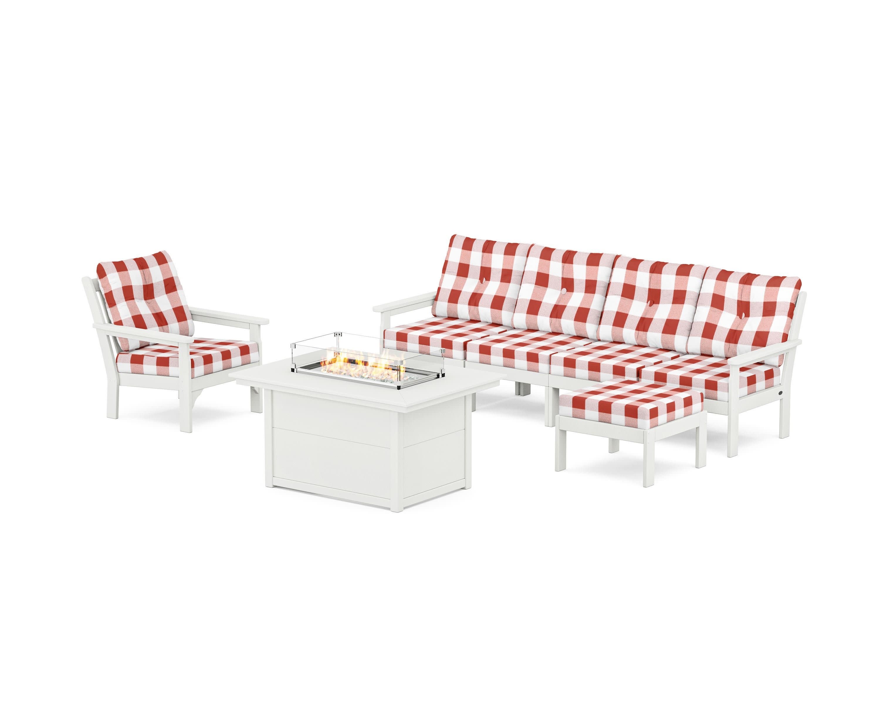 Vineyard Sectional Lounge and Fire Pit Set in Vintage White / Buffalo Plaid Crimson