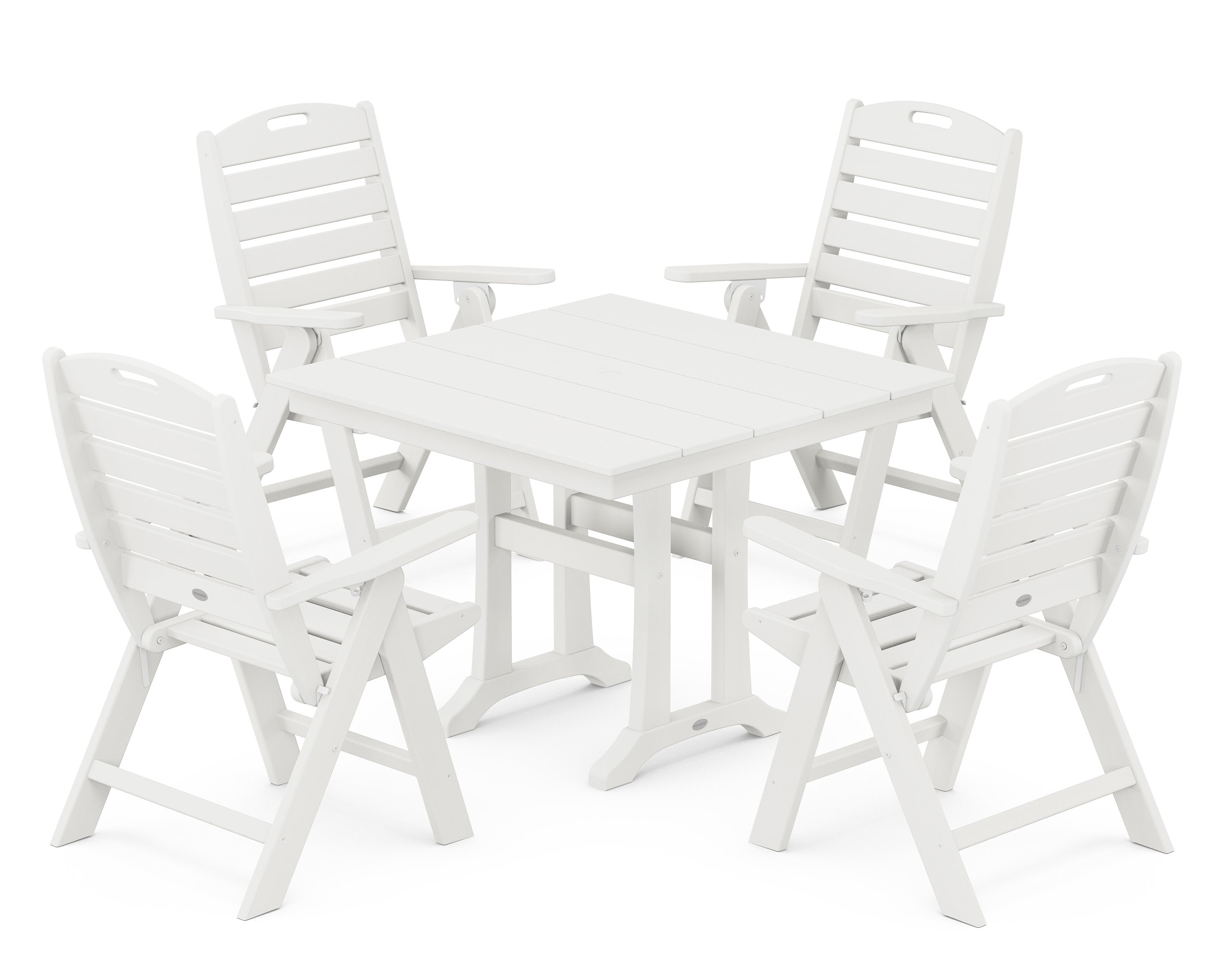 Nautical Folding Highback Chair 5-Piece Farmhouse Trestle Dining Set in Vintage White