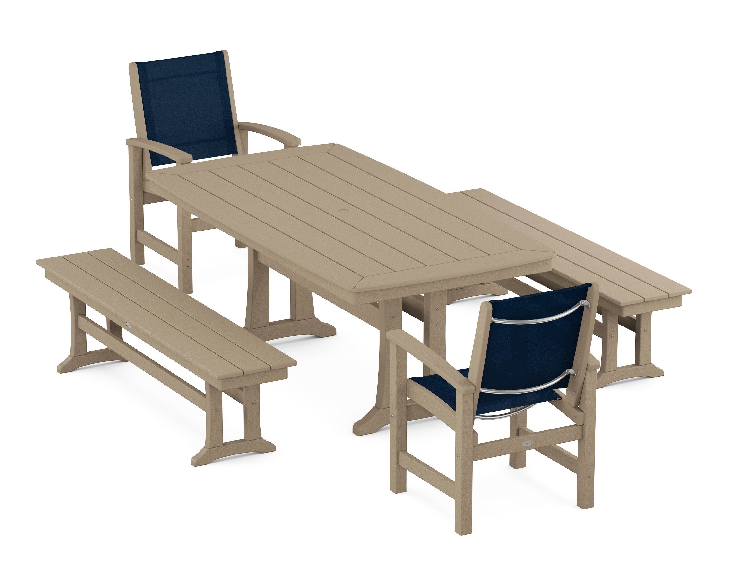 Coastal 5-Piece Dining Set with Trestle Legs and Benches in Vintage Sahara / Navy Blue Sling