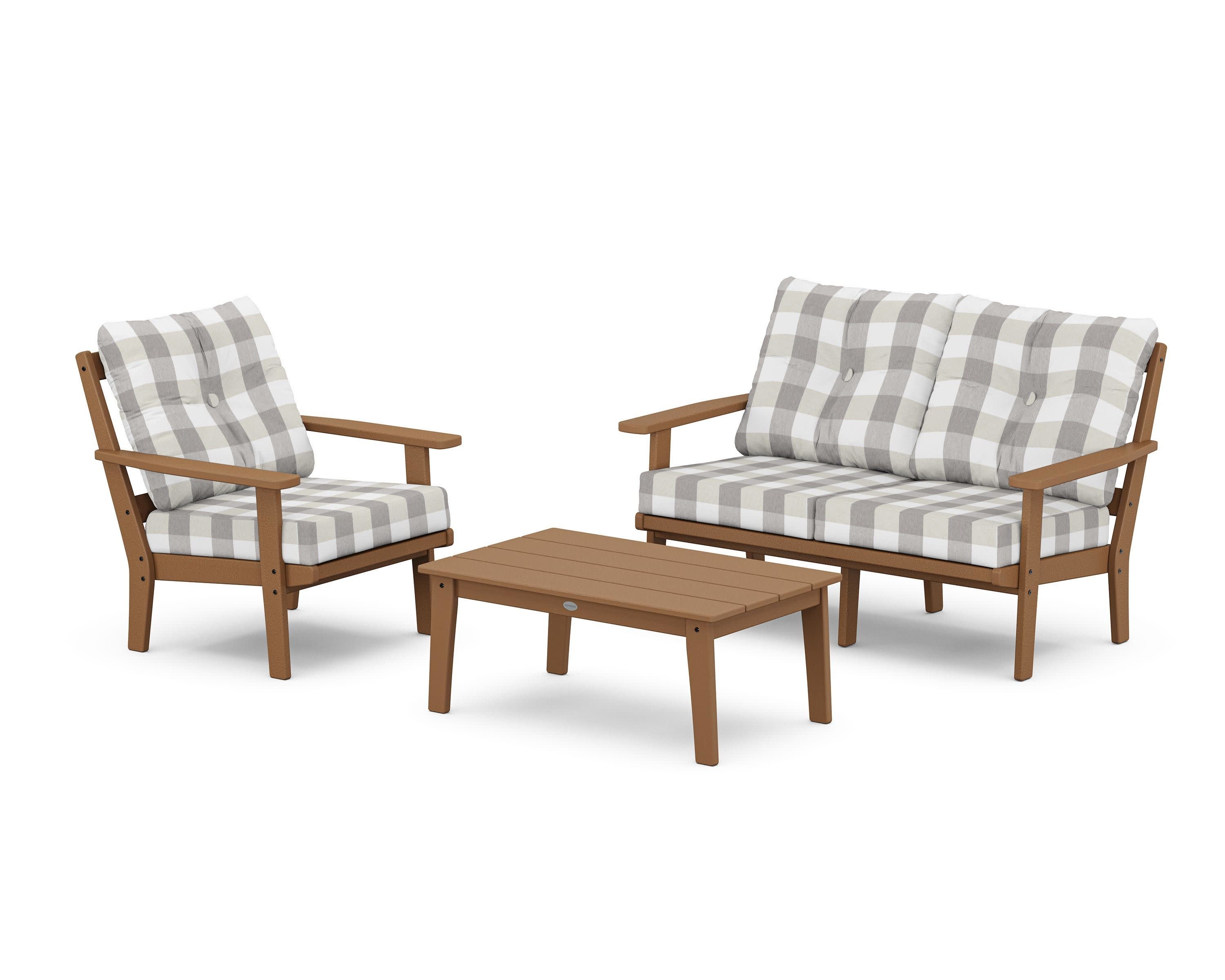 Oxford 3-Piece Deep Seating Set with Loveseat in Teak / Buffalo Plaid Grey Mist