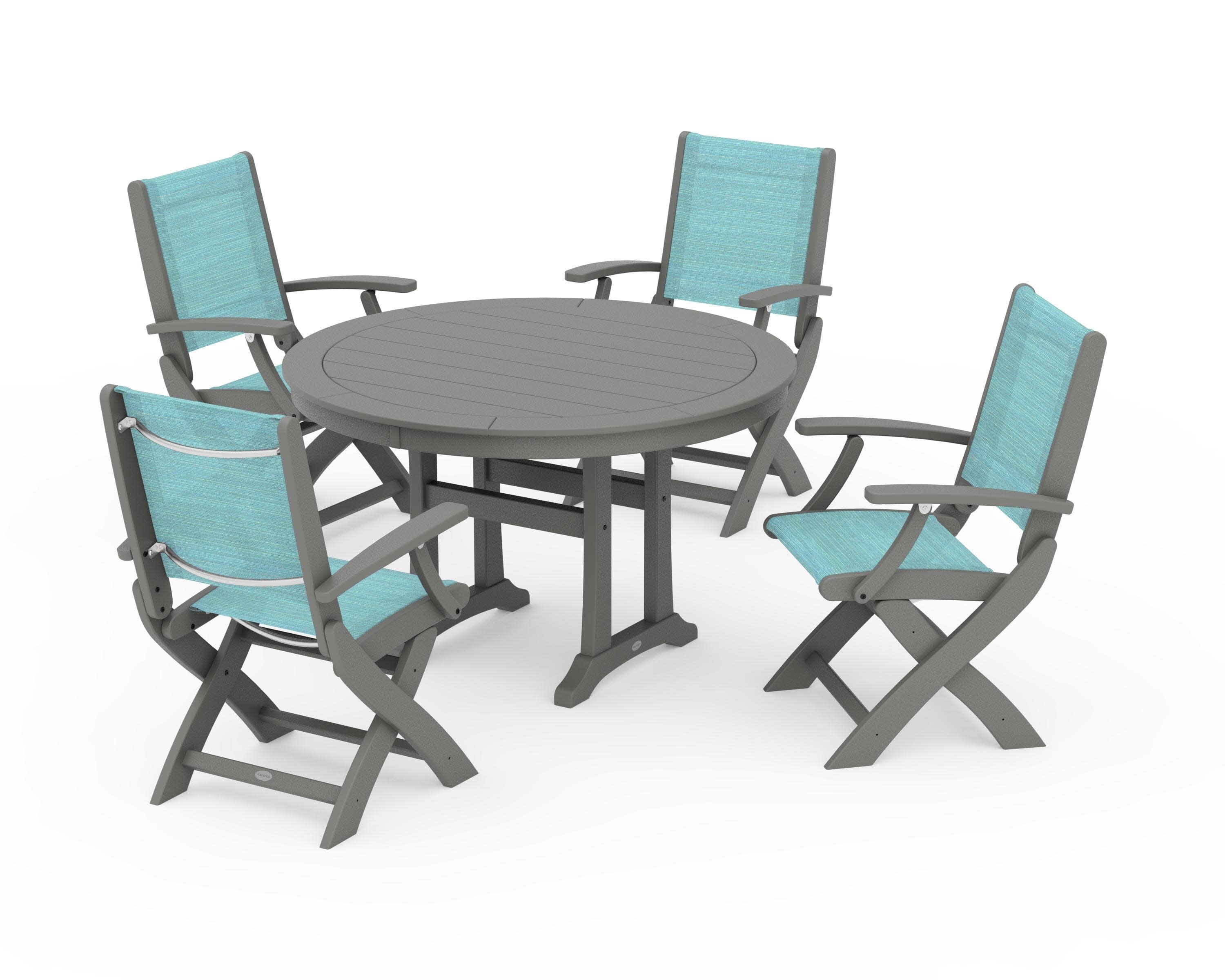 Coastal Folding Chair 5-Piece Round Dining Set with Trestle Legs in Slate Grey / Dupioni Aquamarine Sling
