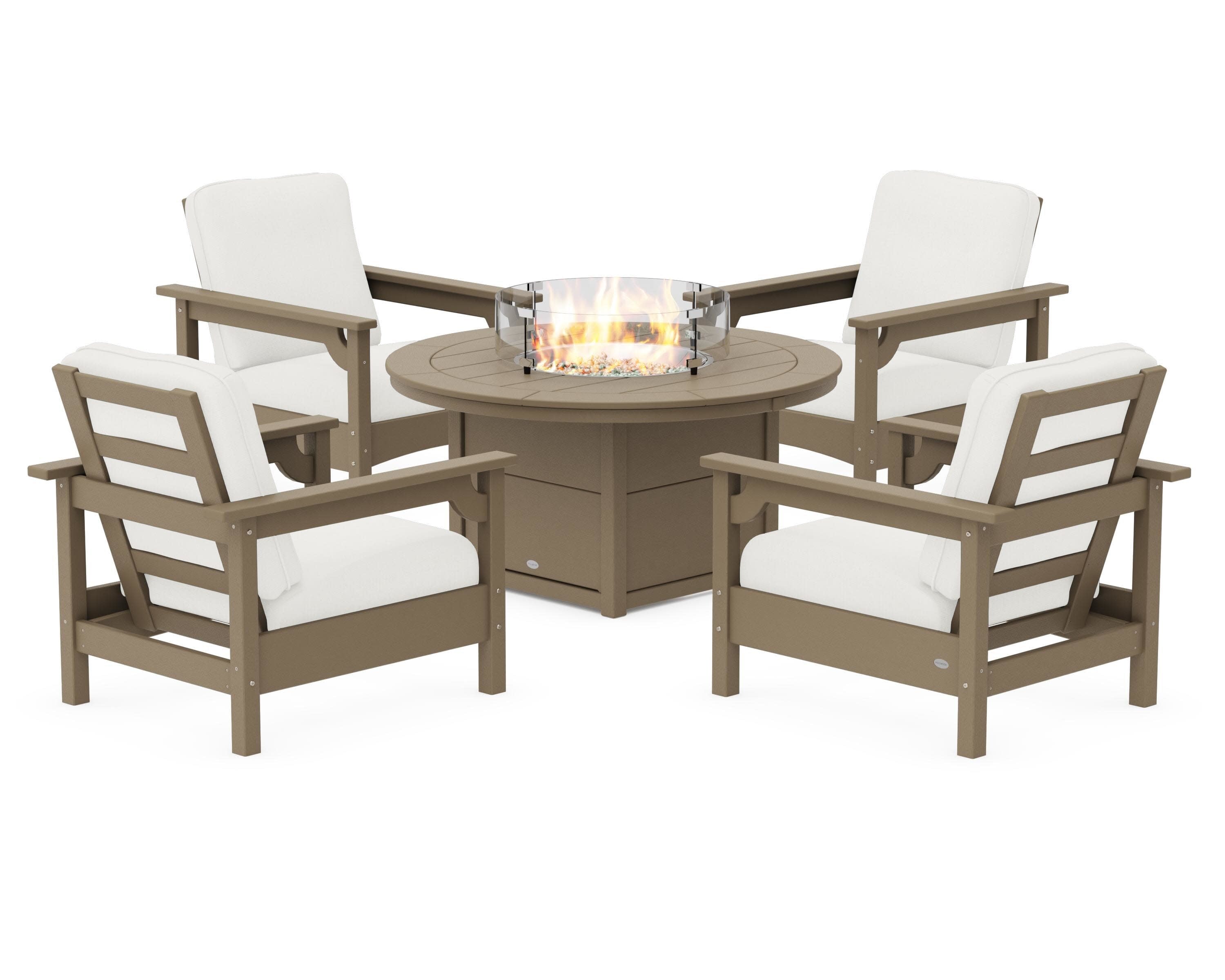 Club 5-Piece Conversation Set with Fire Pit Table in Vintage Sahara / Natural Linen