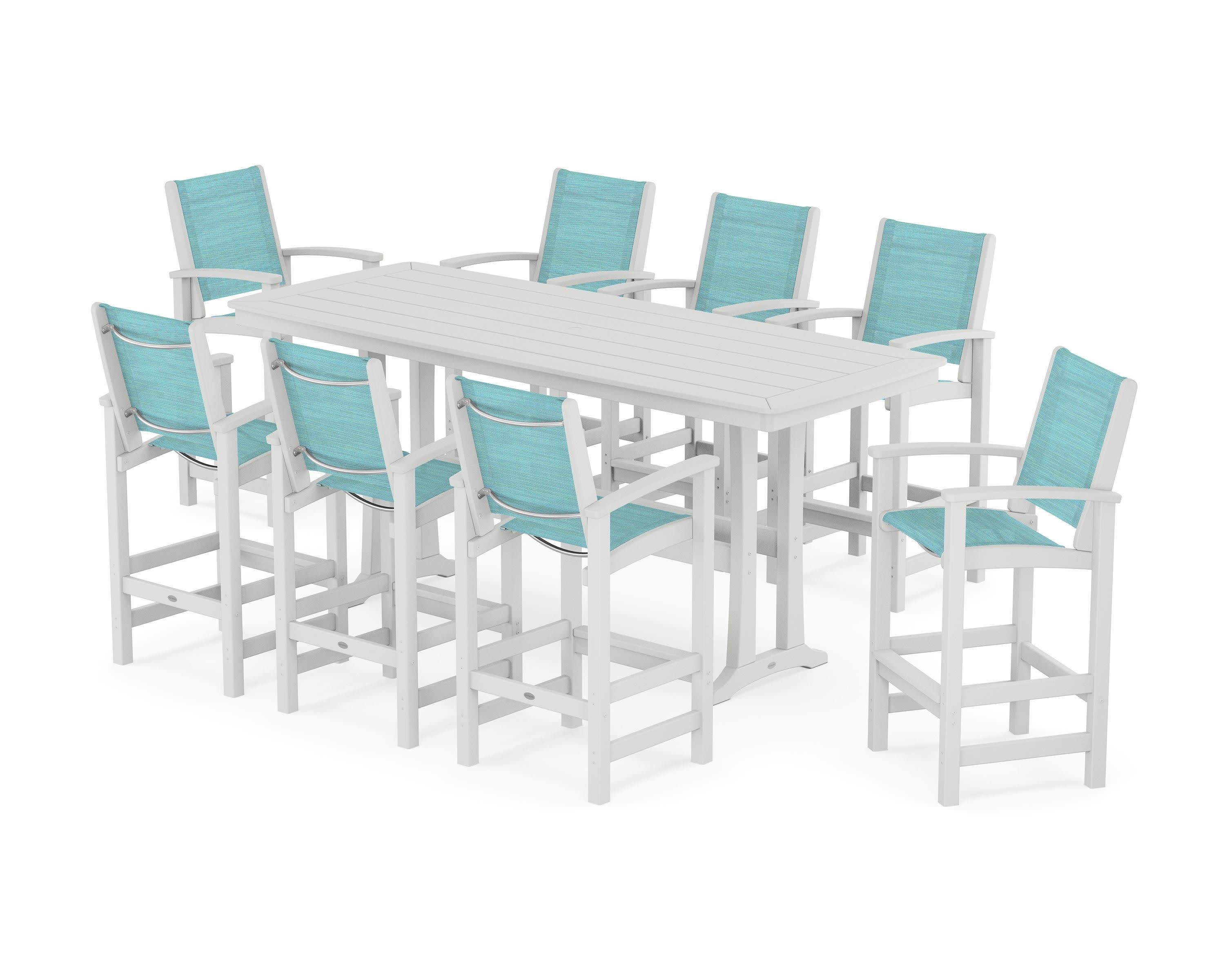 Coastal 9-Piece Bar Set with Trestle Legs in White / Dupioni Aquamarine Sling