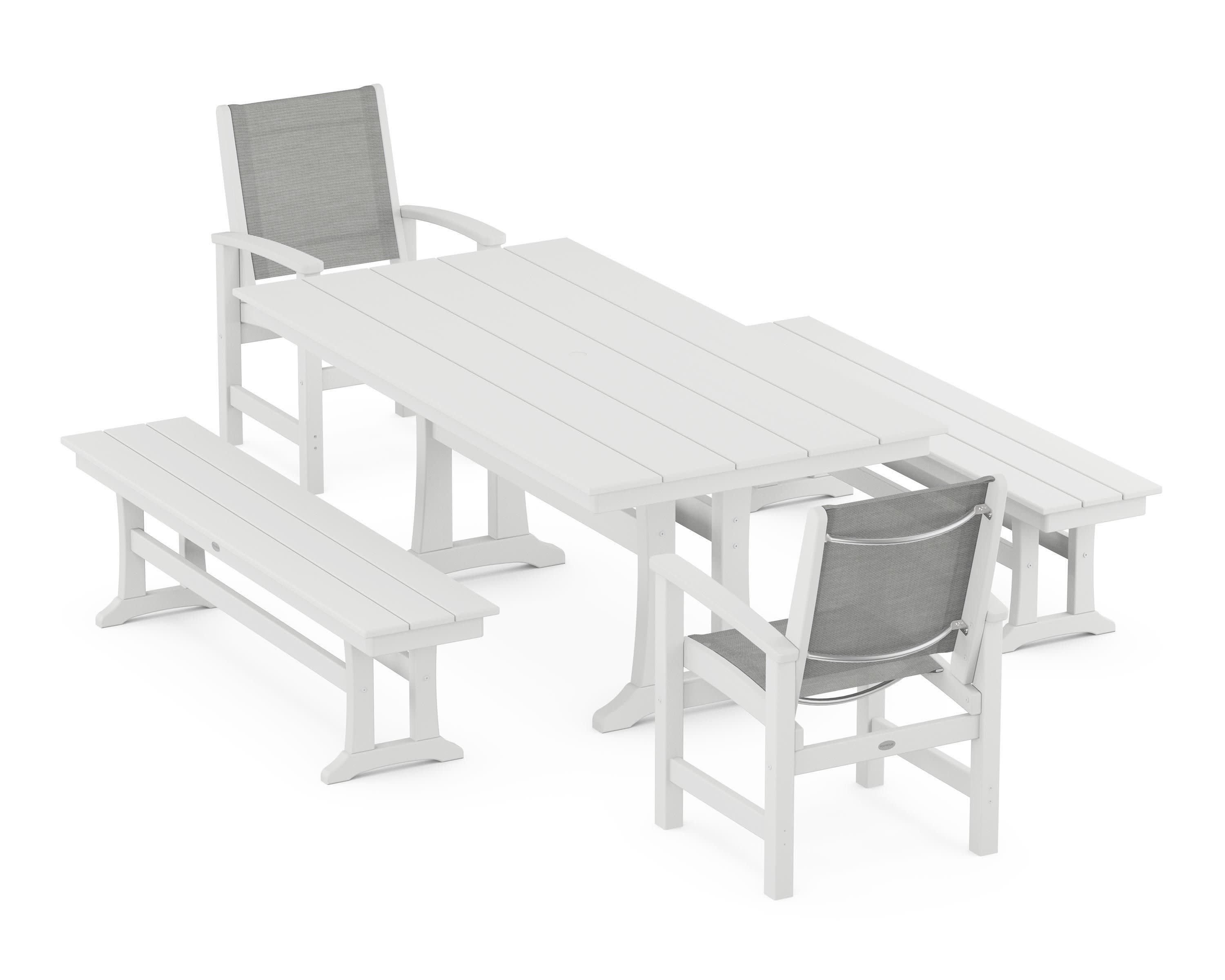 Coastal 5-Piece Farmhouse Dining Set with Trestle Legs and Benches in White / Metallic Sling