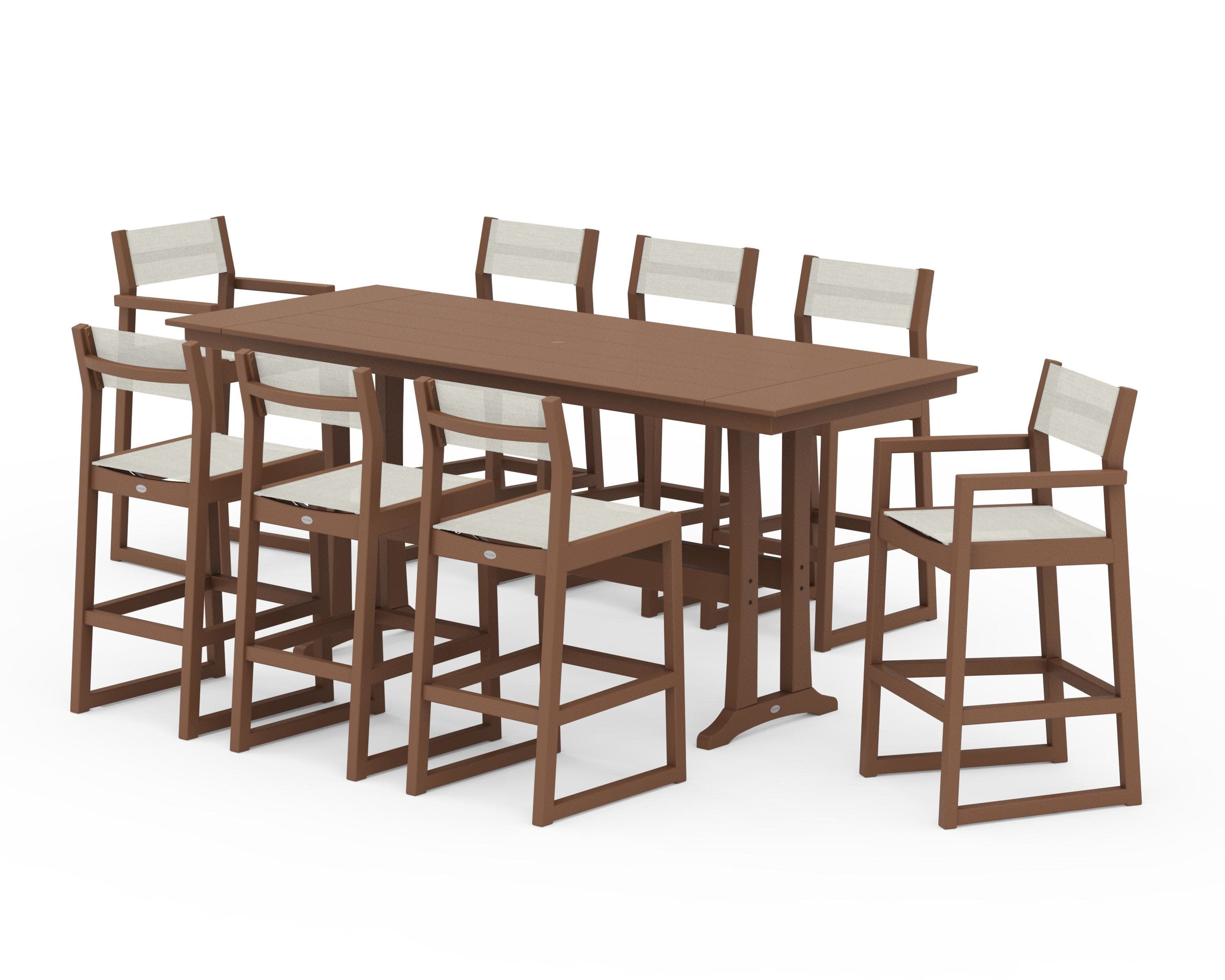 EDGE Sling 9-Piece Farmhouse Bar Set with Trestle Legs in Teak / Parchment Sling