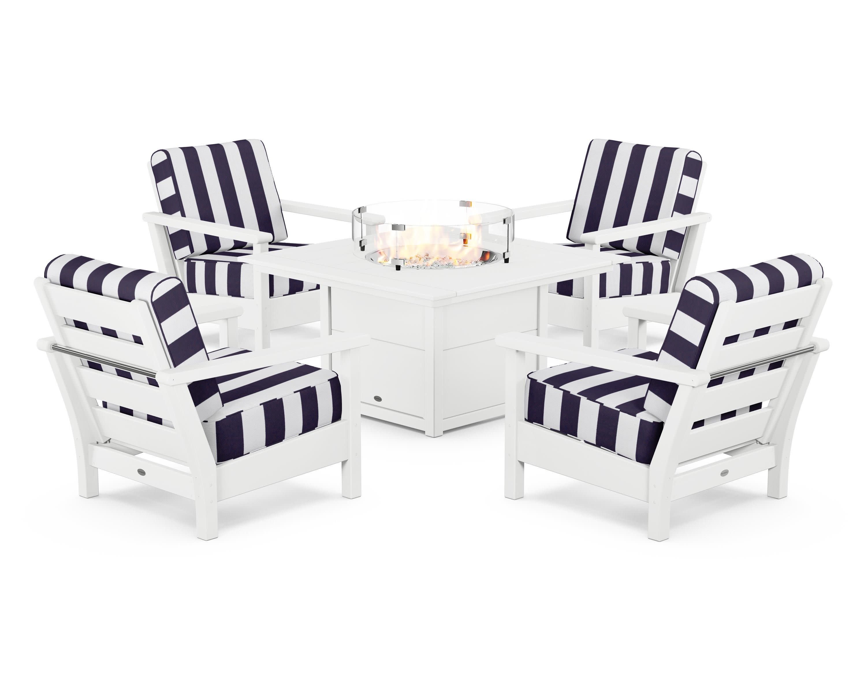 Harbour 5-Piece Conversation Set with Fire Pit Table in White / Cabana Stripe Navy