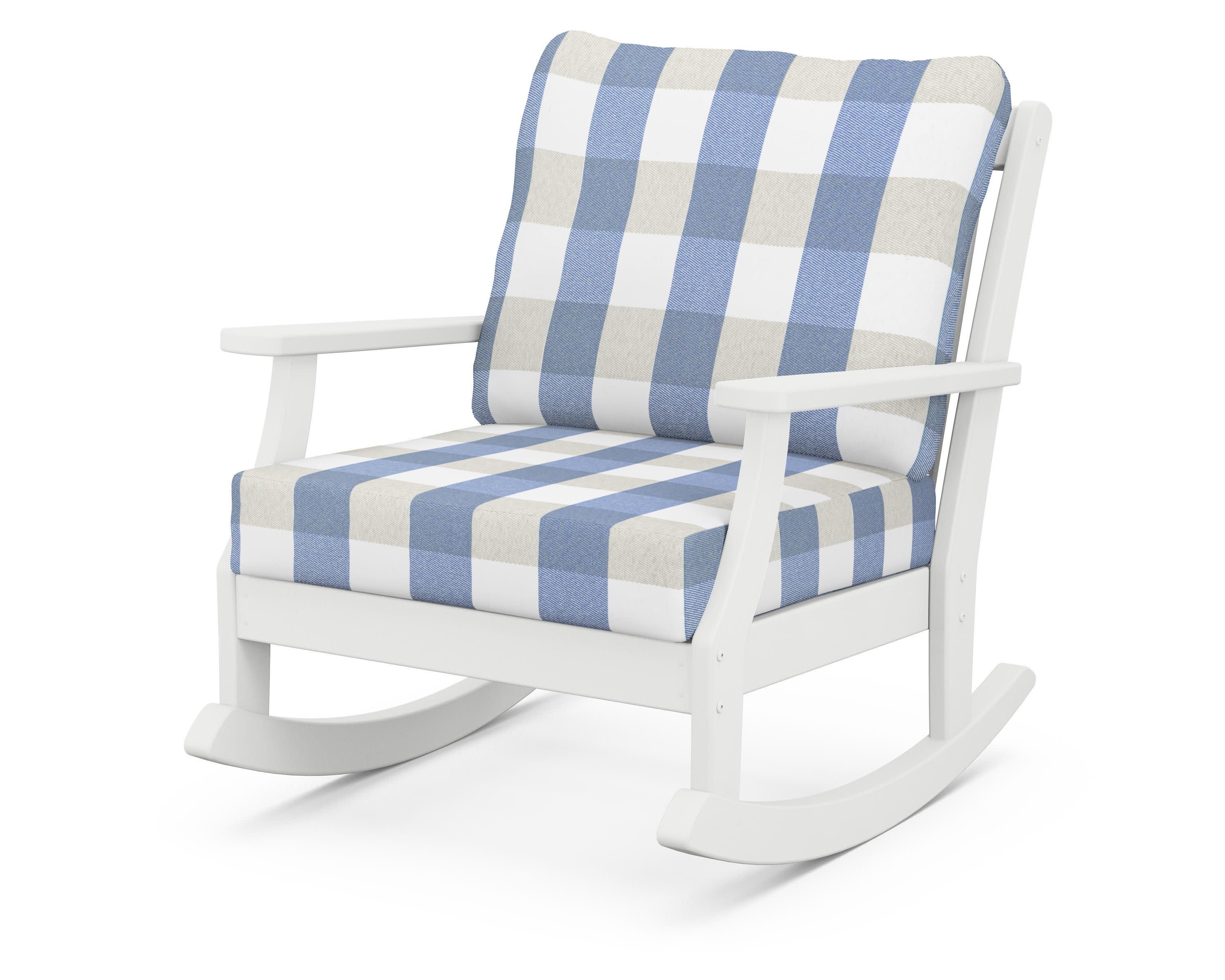 Braxton Deep Seating Rocking Chair in White / Buffalo Plaid Sky Blue