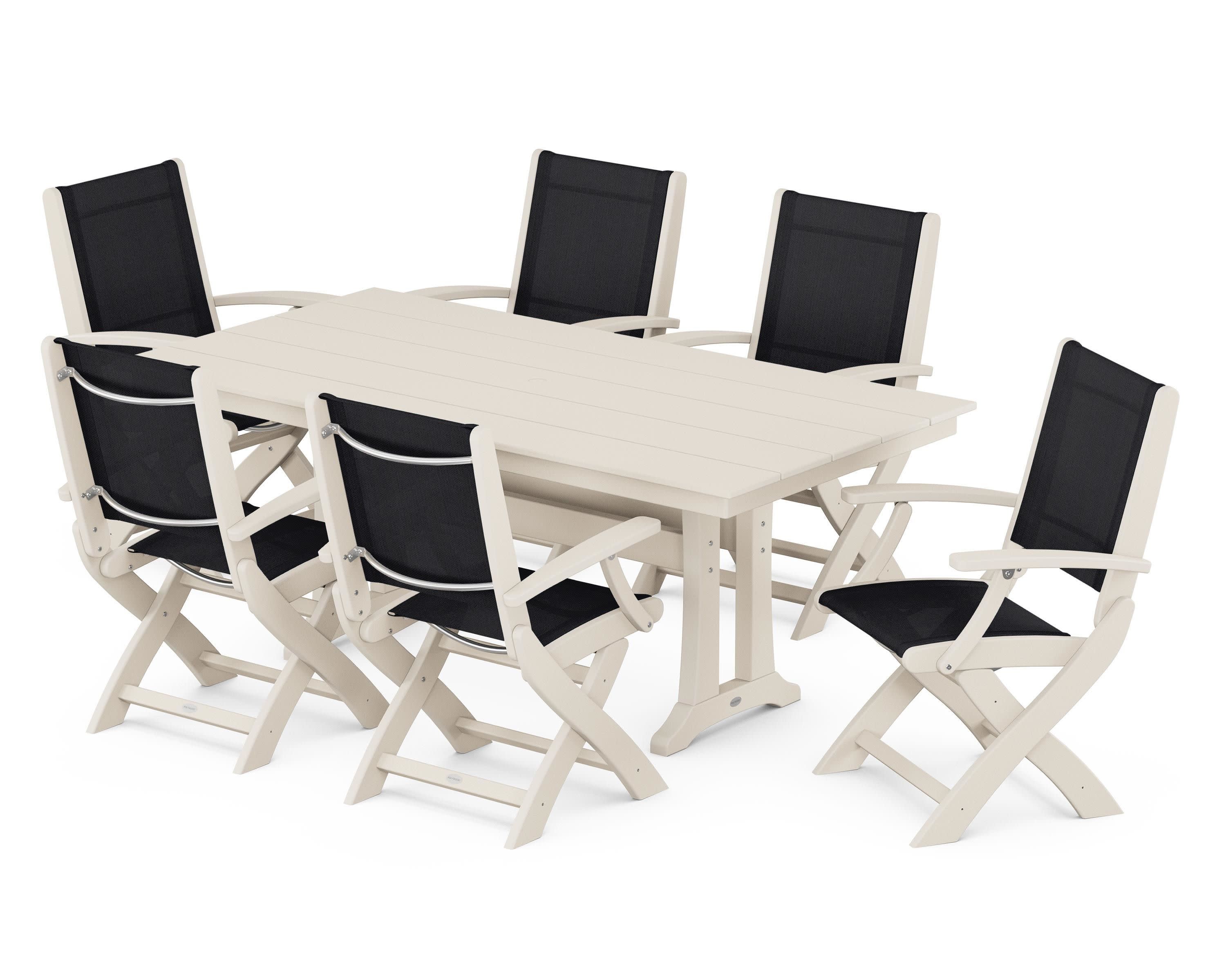 Coastal Folding Arm Chair 7-Piece Farmhouse Dining Set with Trestle Legs in Sand / Black Sling