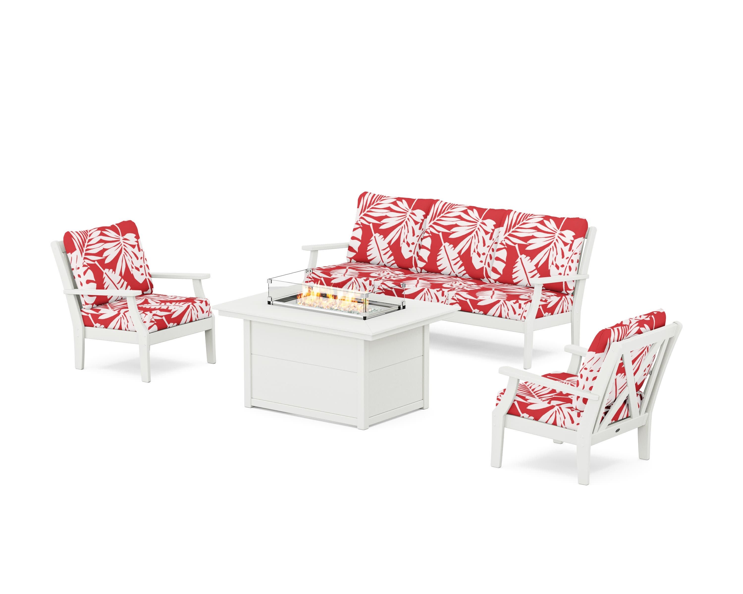 Braxton Deep Seating Fire Pit Table Set in Vintage White / Leaf Crimson