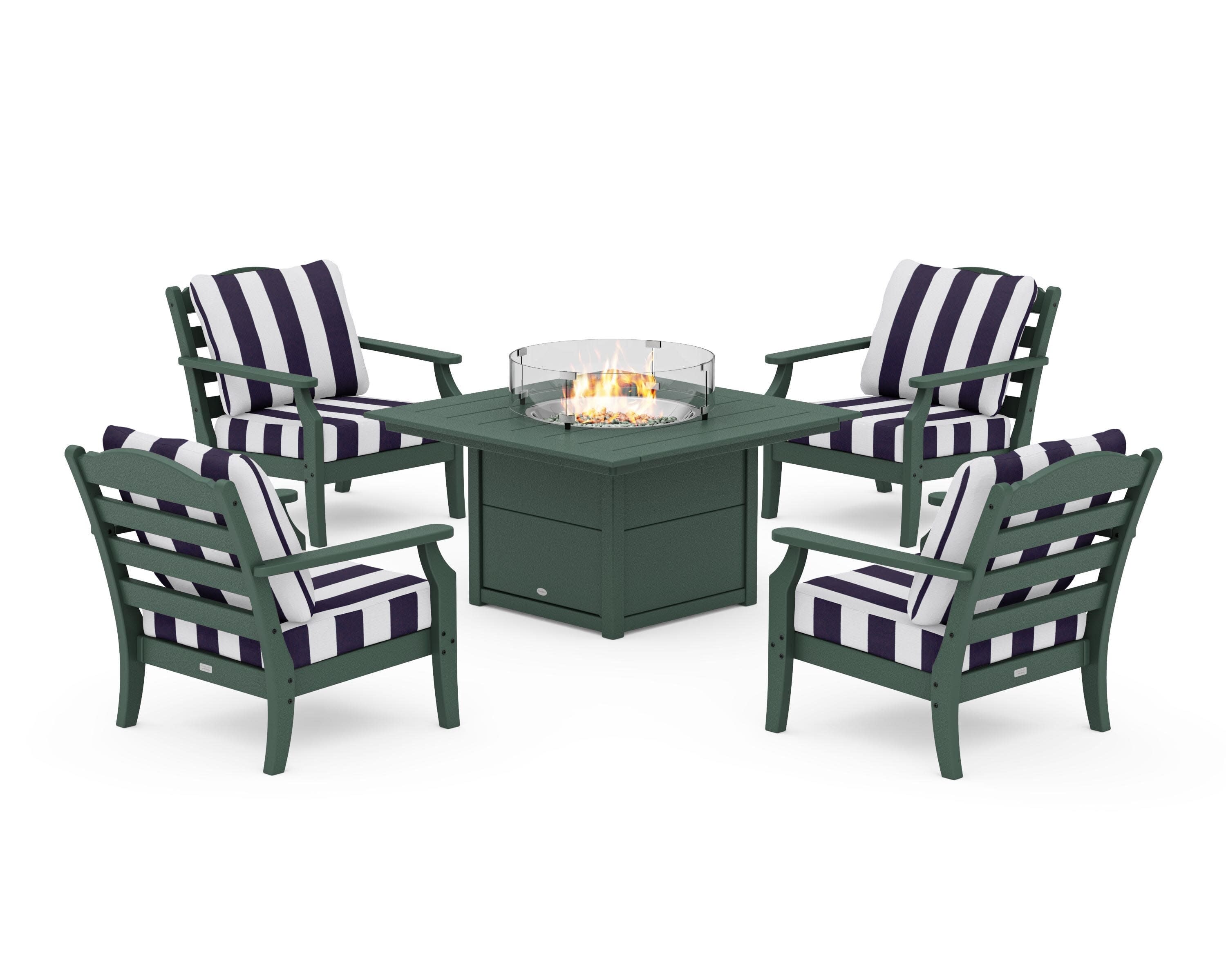 Savannah 5-Piece Deep Seating Set with Fire Pit Table in Green / Cabana Stripe Navy
