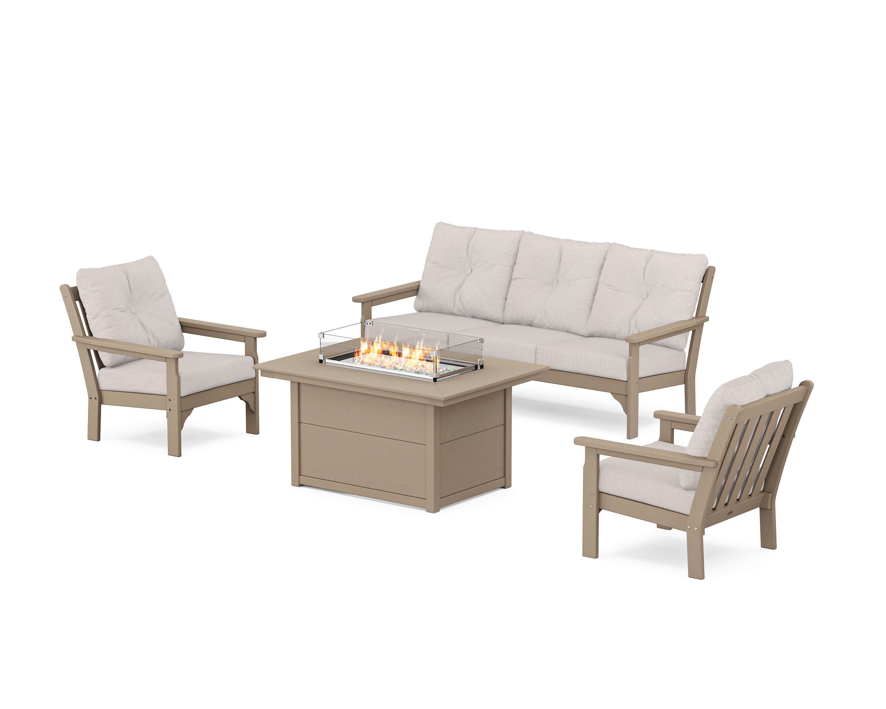 Vineyard Deep Seating Fire Pit Table Set in Vintage Sahara / Dune Burlap