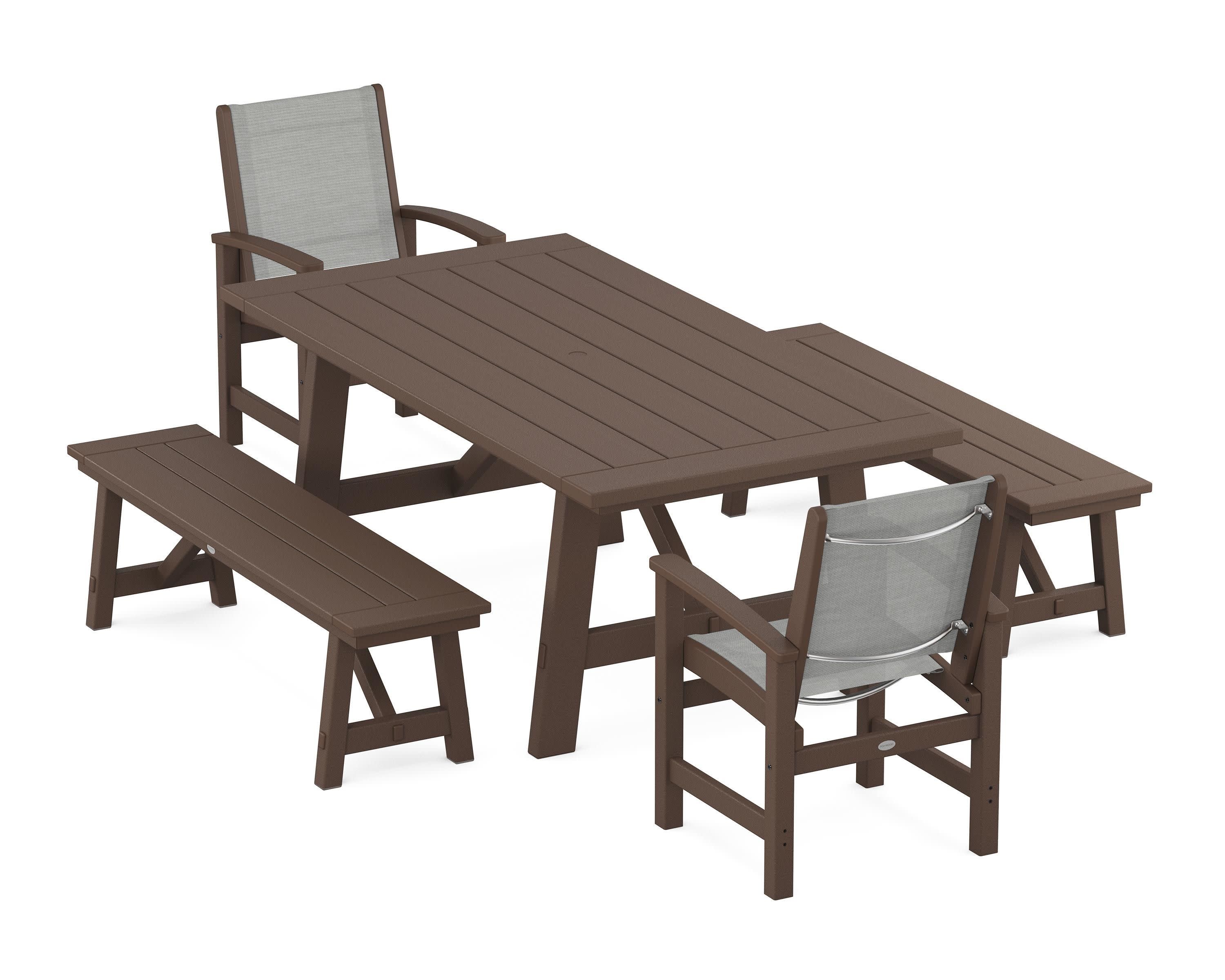 Coastal 5-Piece Rustic Farmhouse Dining Set With Benches in Mahogany / Metallic Sling