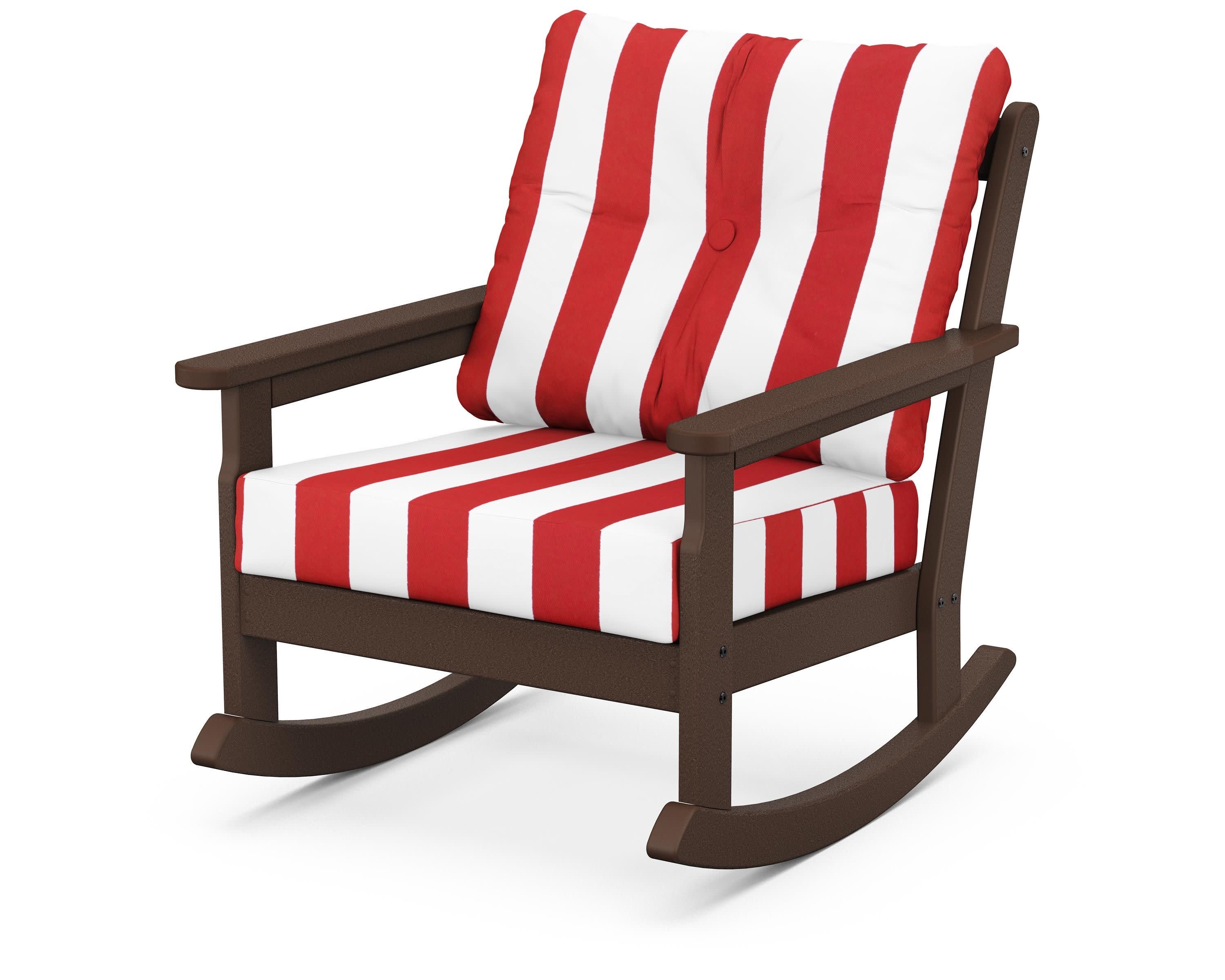 Vineyard Deep Seating Rocking Chair in Mahogany / Cabana Stripe Crimson