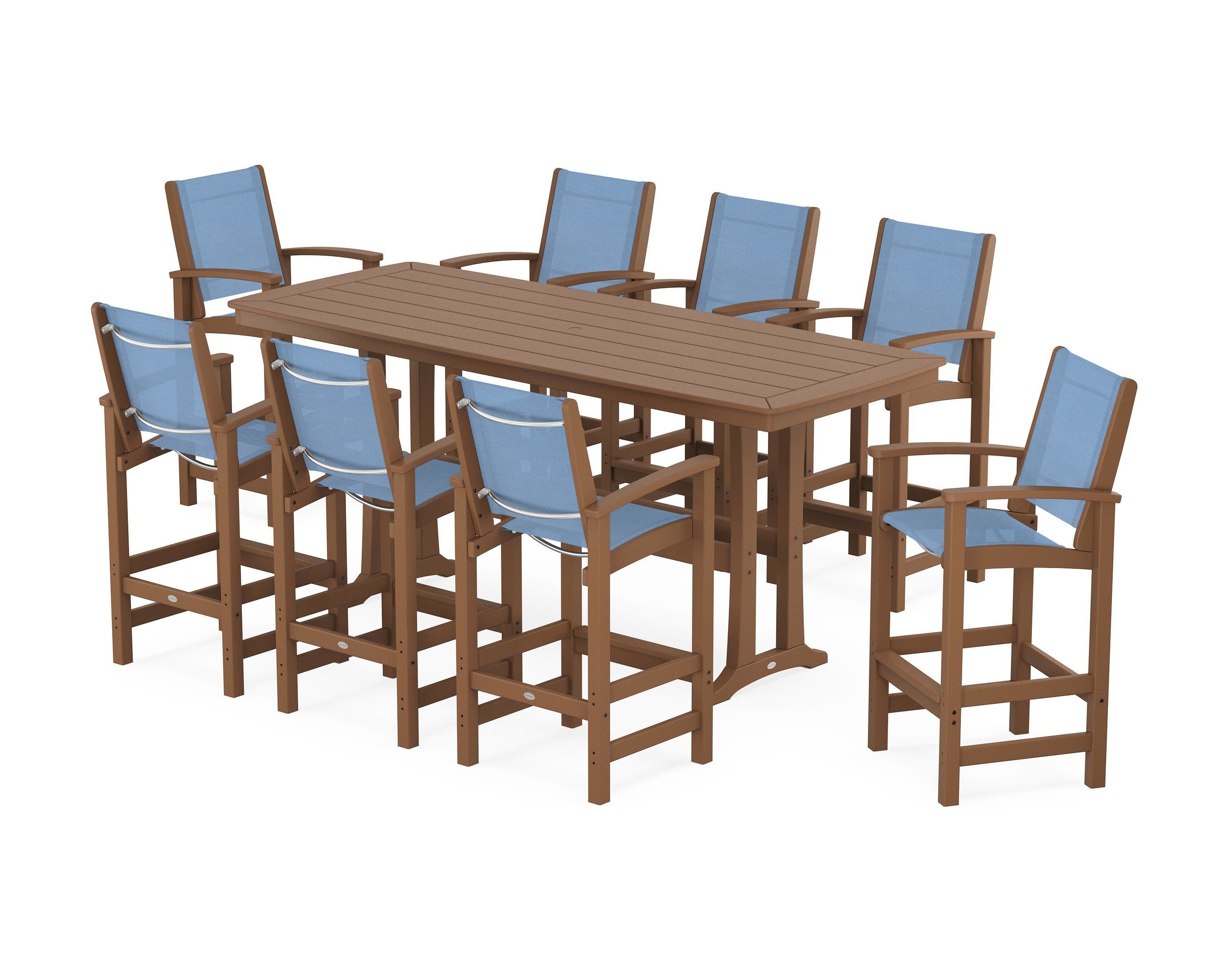 Coastal 9-Piece Bar Set with Trestle Legs in Teak / Poolside Sling